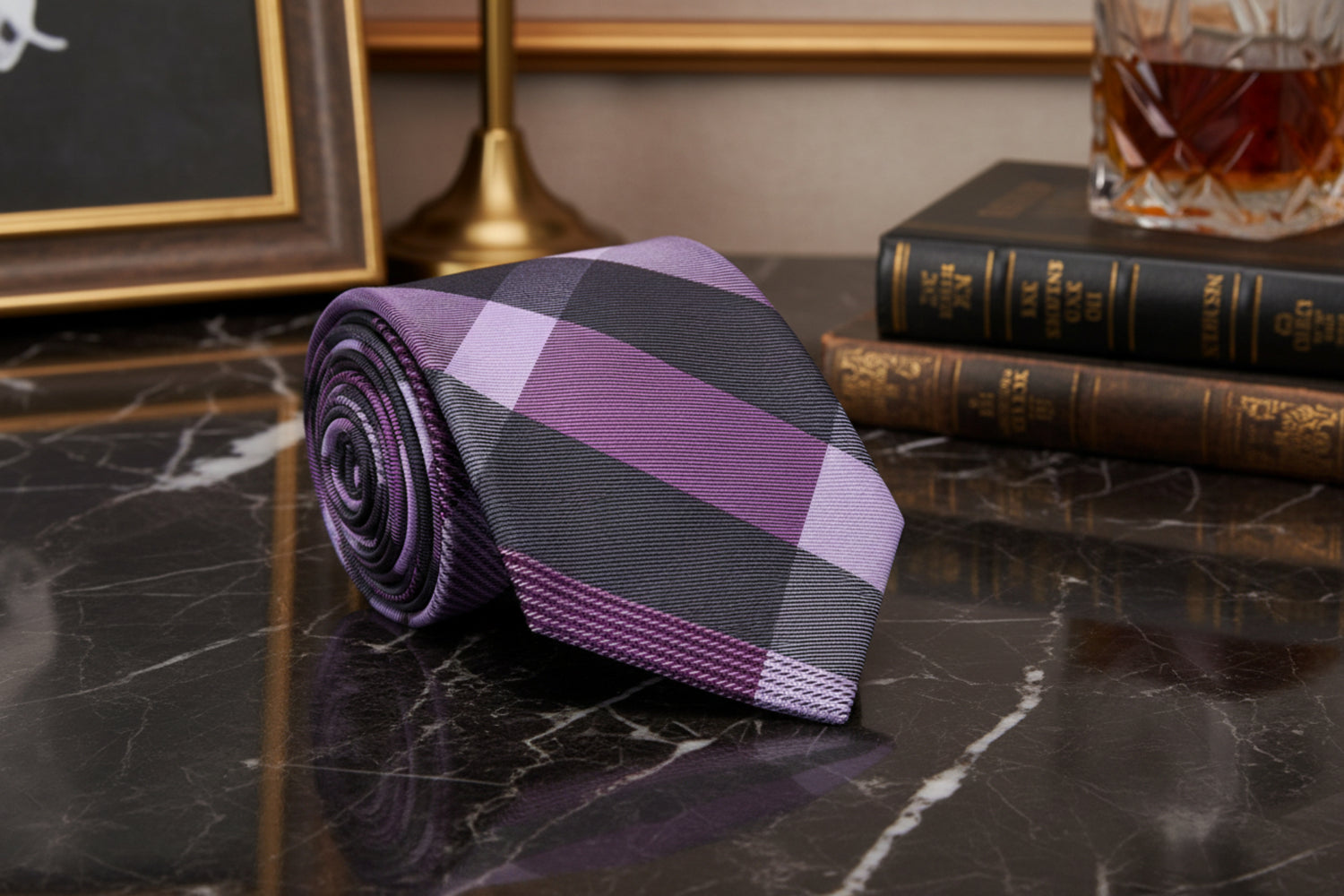 Purple, Light Purple Plaid Pattern Necktie