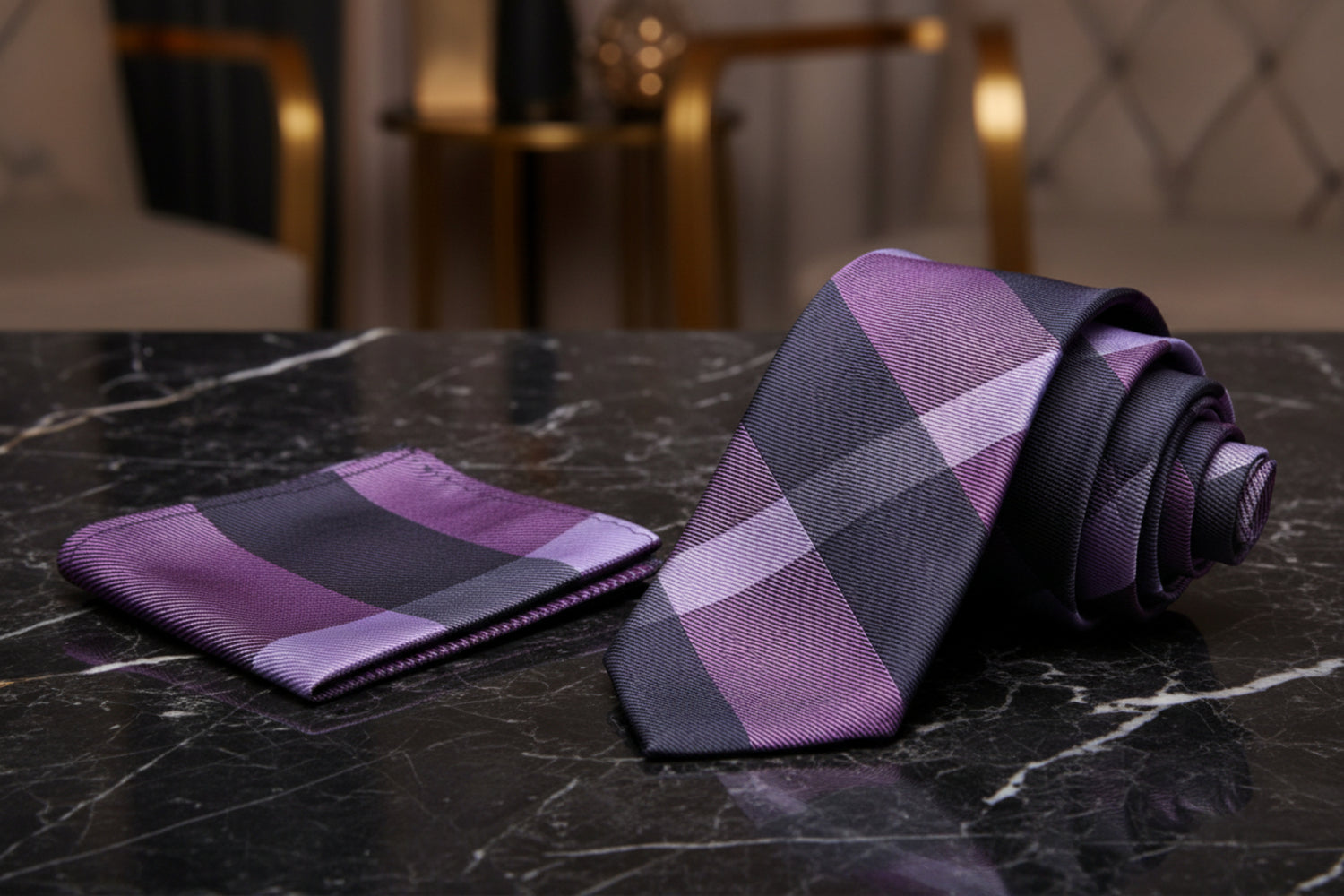 Alt View: Purple, Light Purple Plaid Pattern Necktie, Matching Pocket Square
