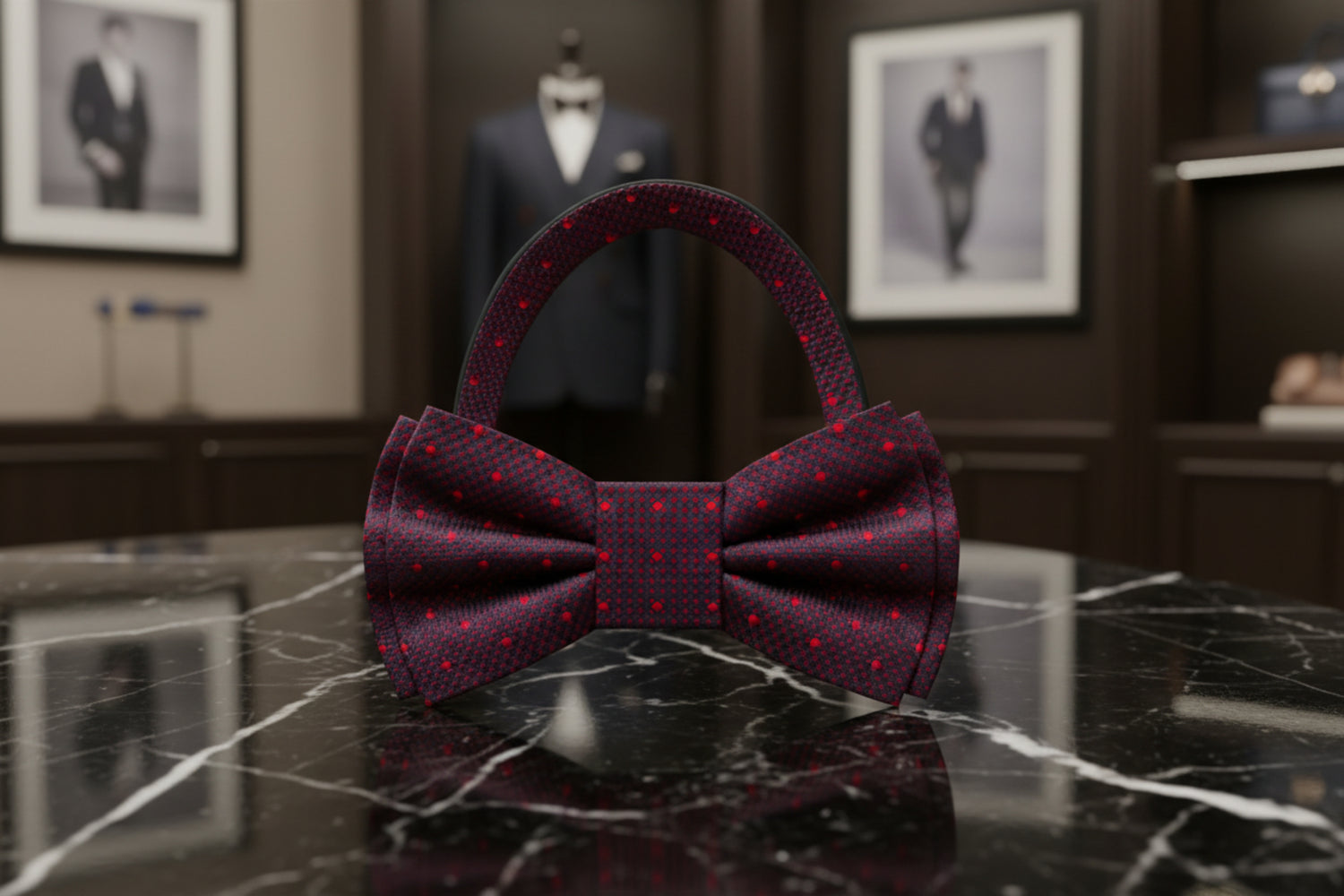 Pre Tied: Shades of red geometric bow tie with polka accents,