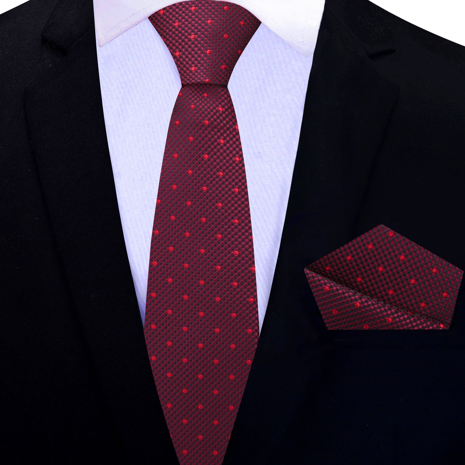 Thin Tie: Dark Red, Red, Black Geometric Check with Polka Dot Tie and Pocket Square