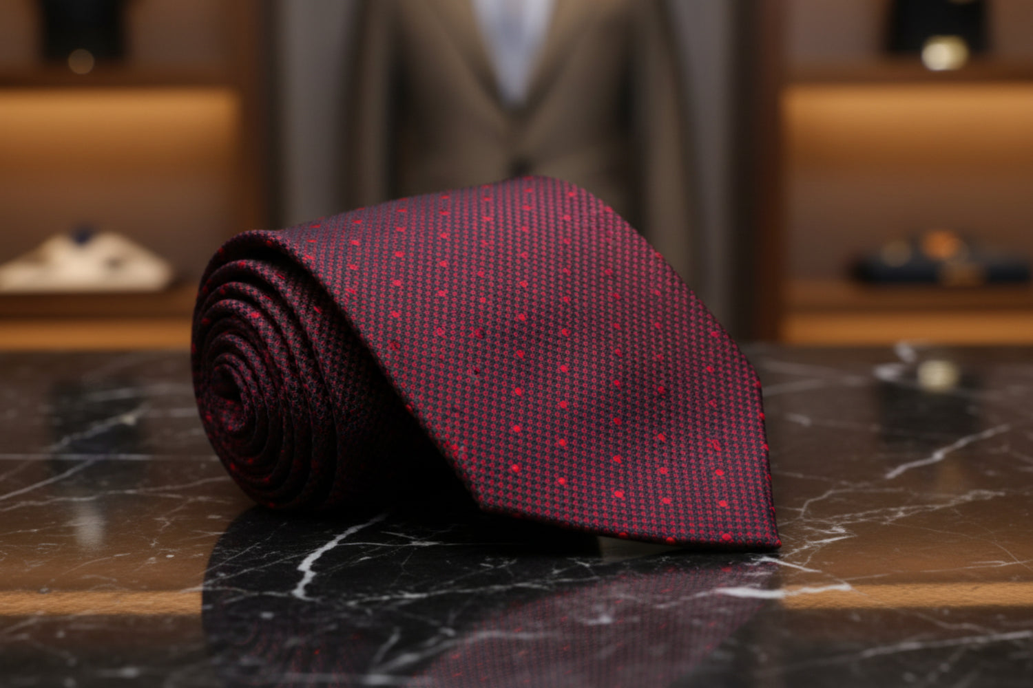 Dark Red, Red, Black Geometric Check with Polka Dot Tie  