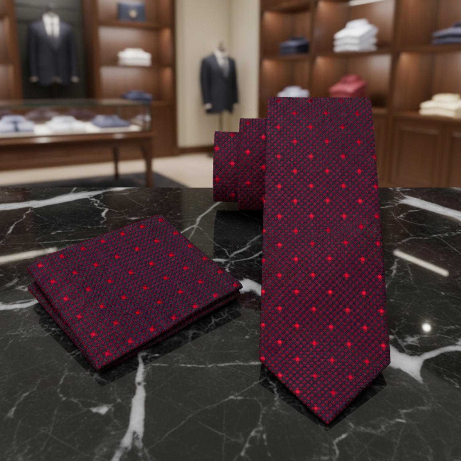 Alt View: Dark Red, Red, Black Geometric Check with Polka Dot Tie and Pocket Square
