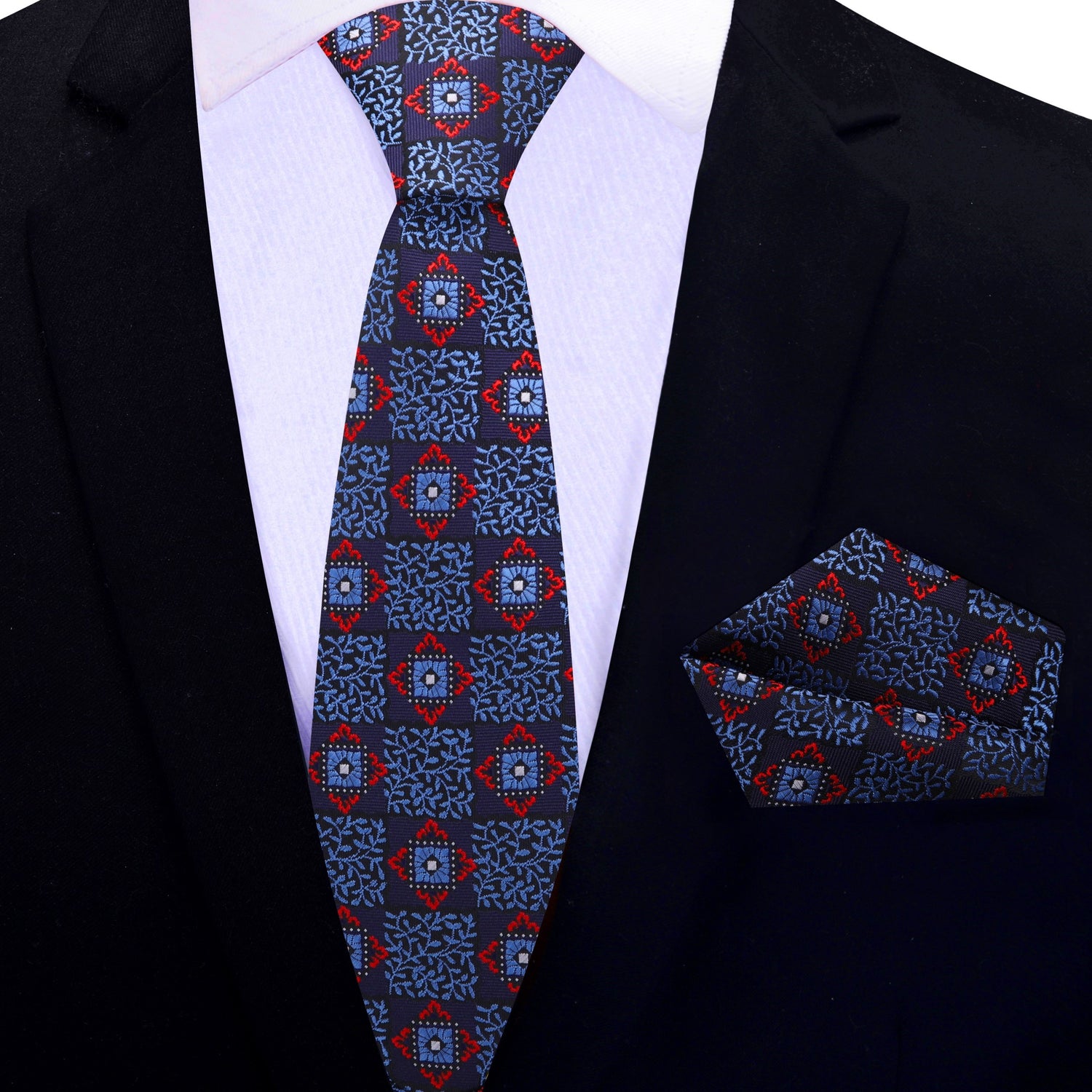 Thin Tie: Blue, Red Geometric Burst Necktie and Pocket Square