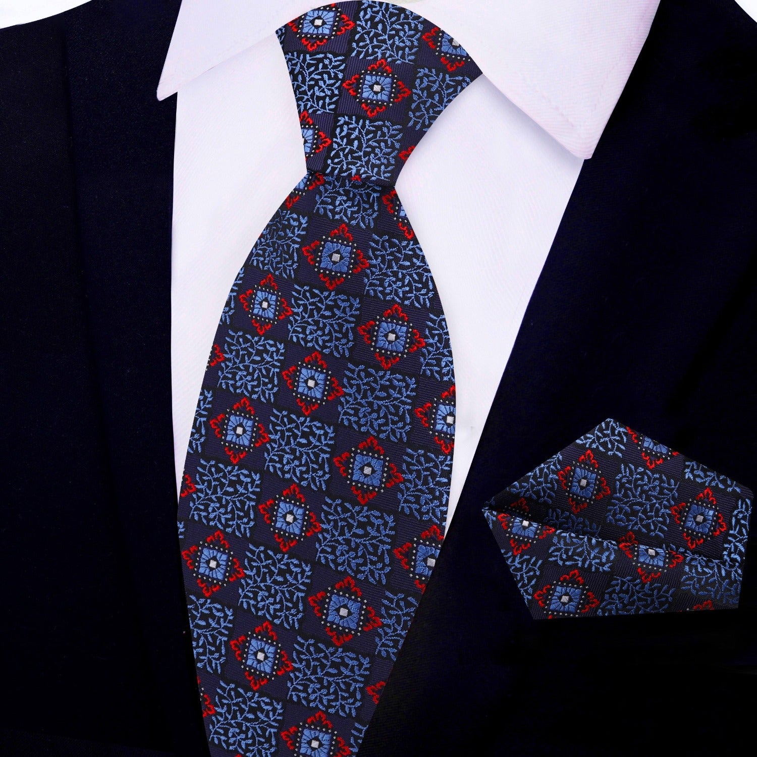 Blue, Red Geometric Burst Necktie and Pocket Square