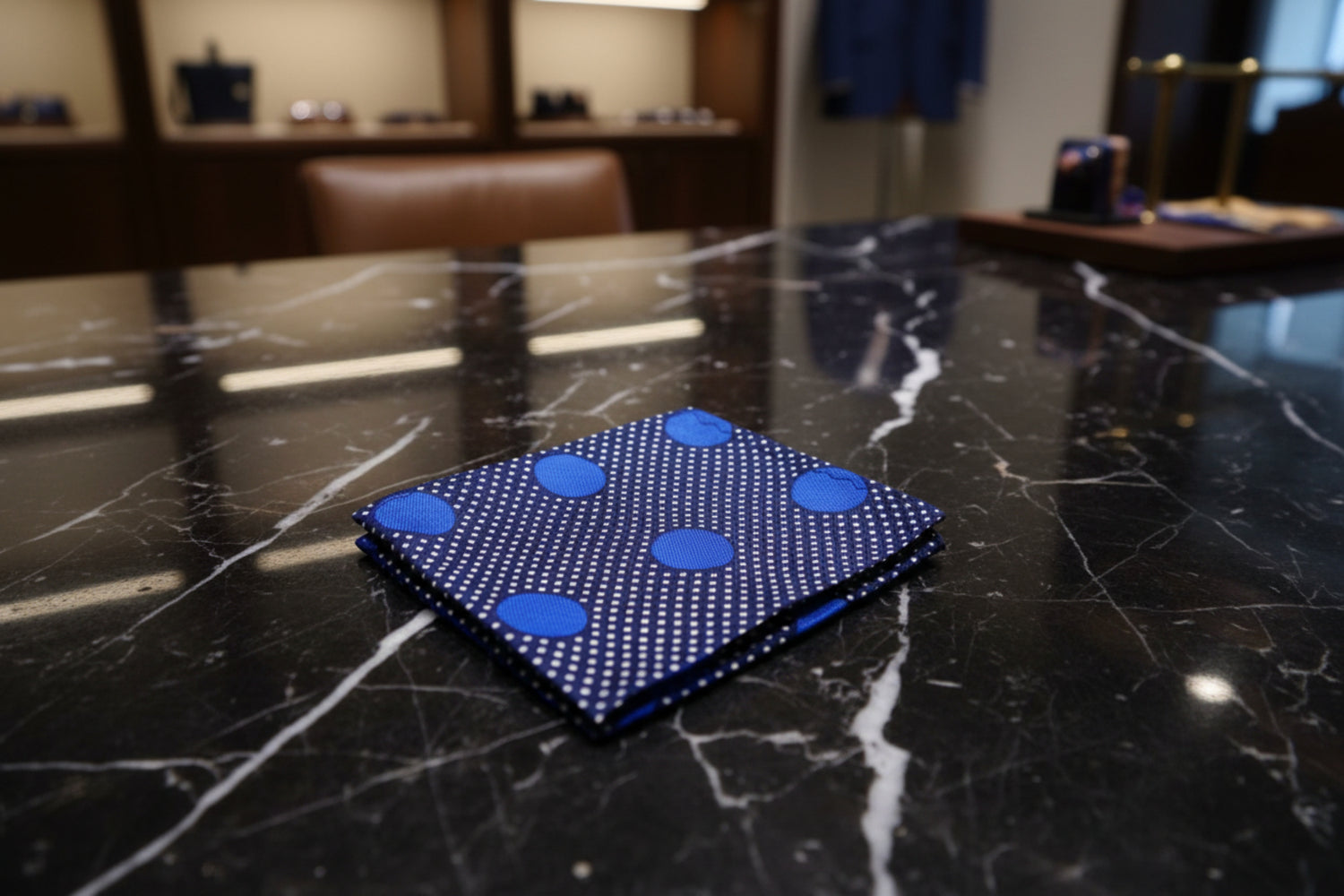 A Dark Blue, Blue Dot Pattern Silk Pocket Square