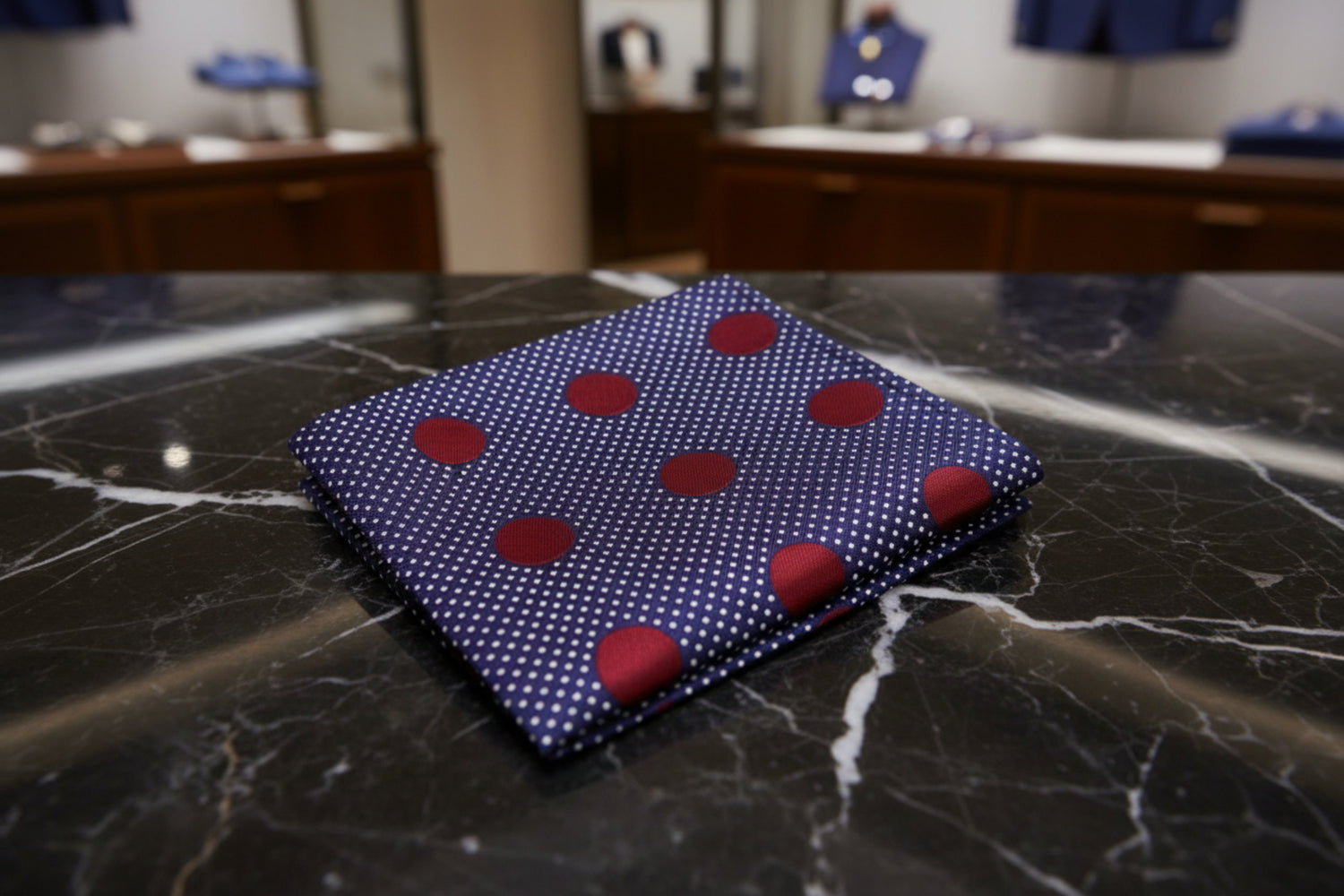 A Dark Blue, Burgundy Dot Pattern Pocket Square