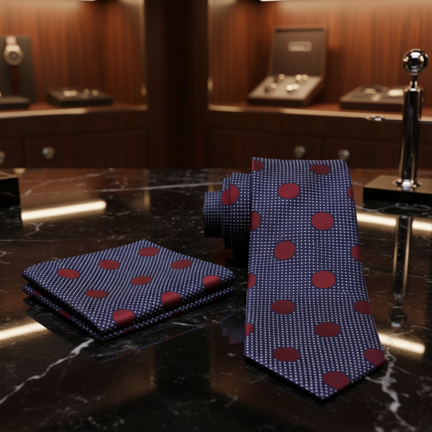 Alt View: Blue & Burgundy Polka Tie and Pocket Square