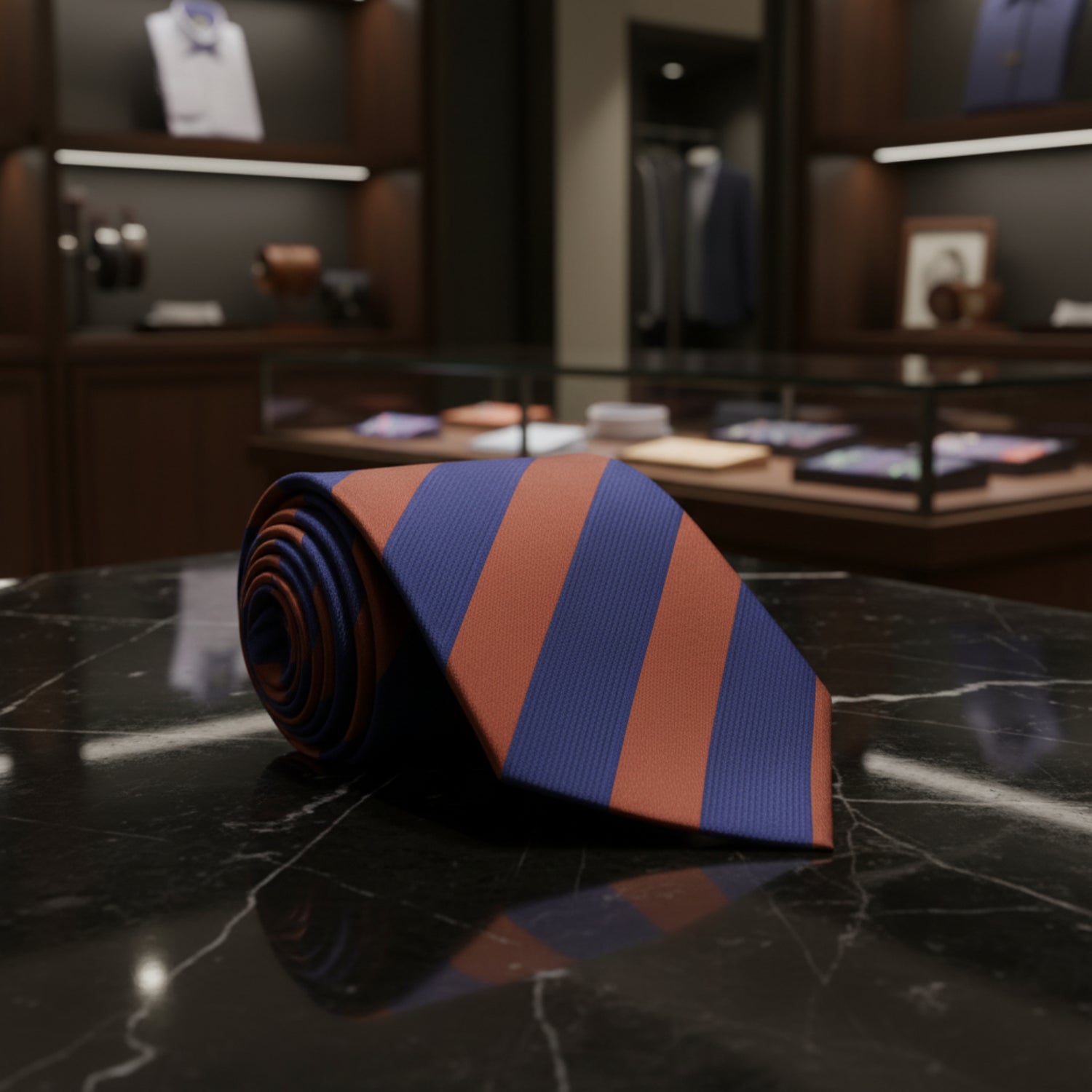 A Burnt Orange, Deep Blue Color Stripe Pattern Tie 