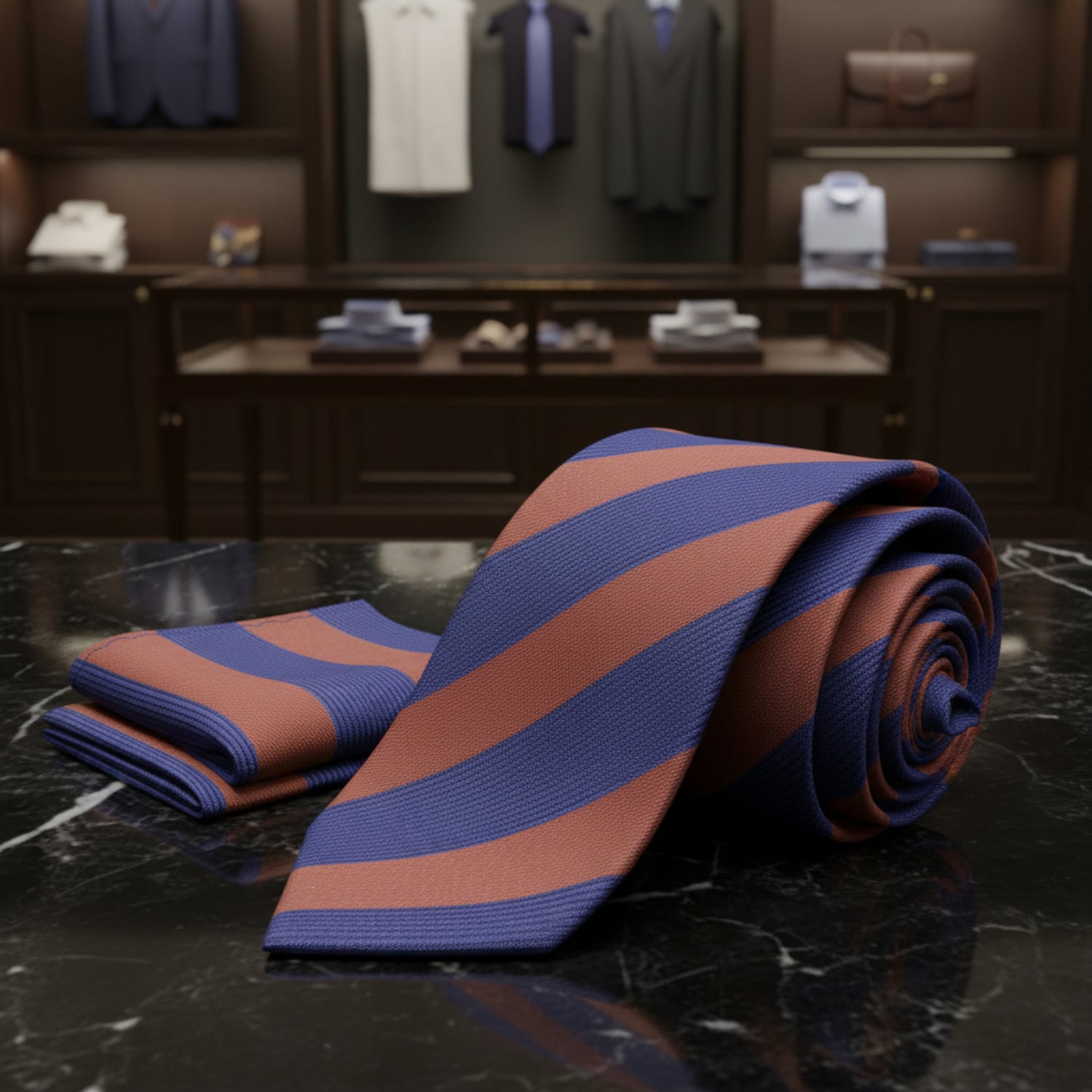 Alt View: A Burnt Orange, Deep Blue Color Stripe Pattern Tie, Matching Pocket Square