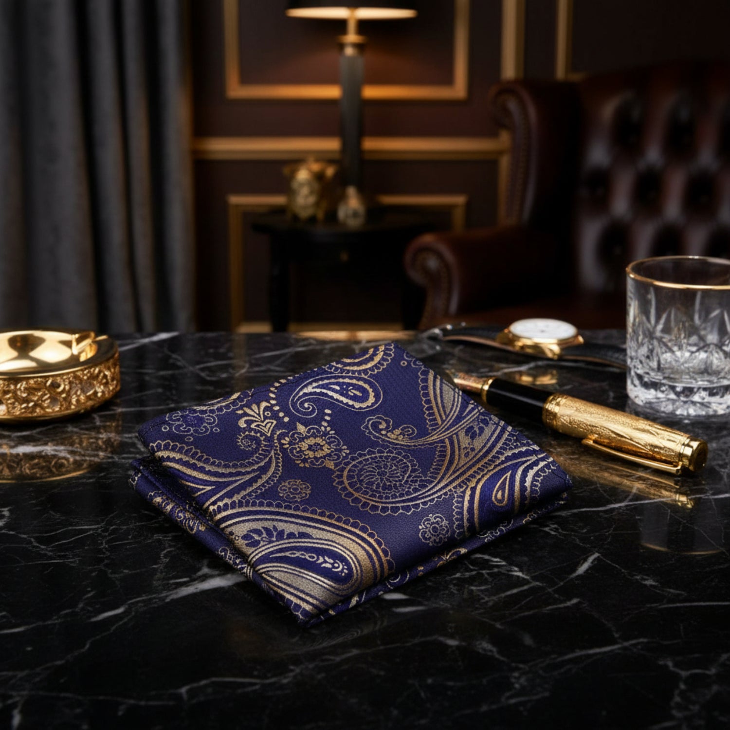 A Dark Blue, Gold Paisley Pattern Pocket Square