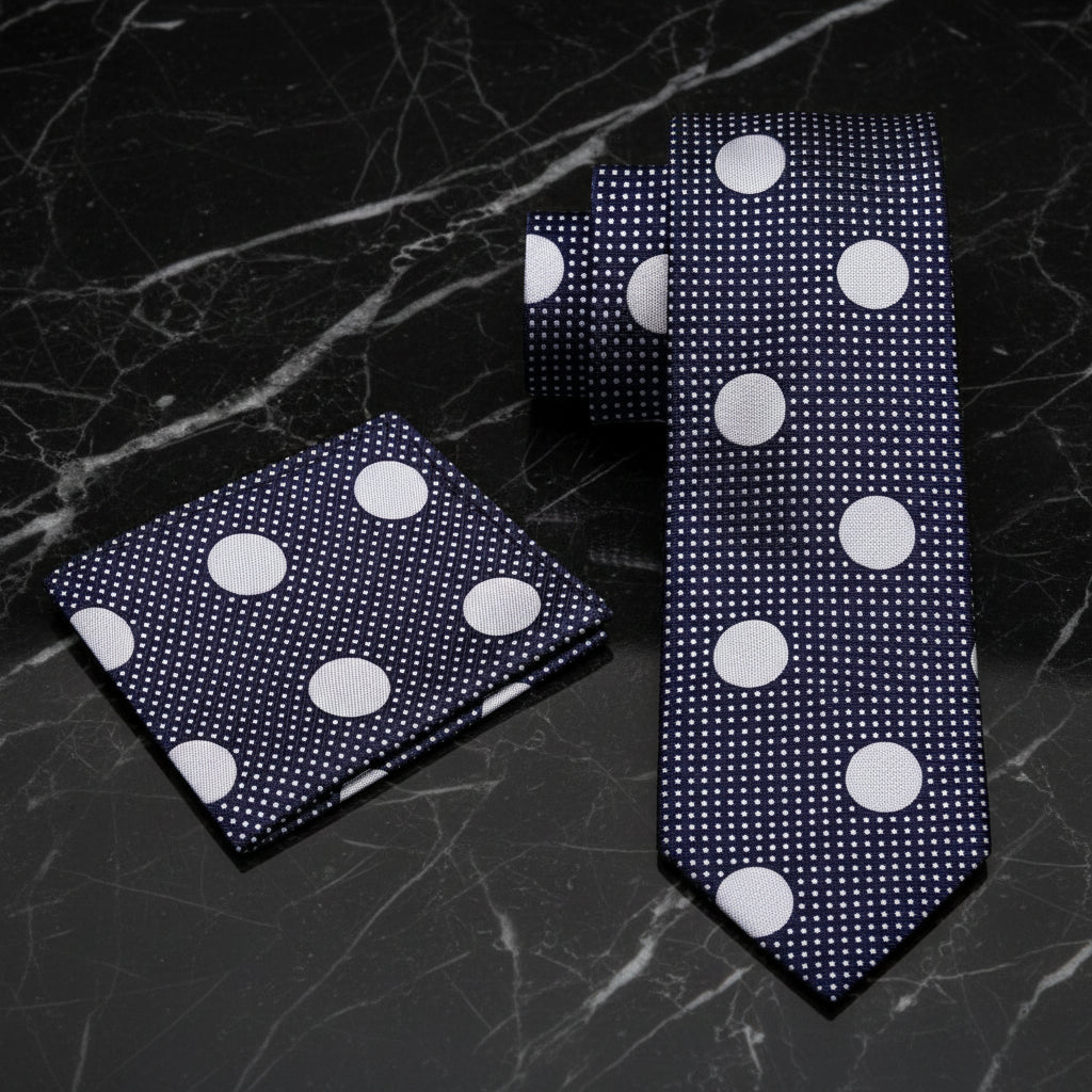 Alt View: A Dark Blue, Grey Dots Pattern Necktie, Matching Pocket Square