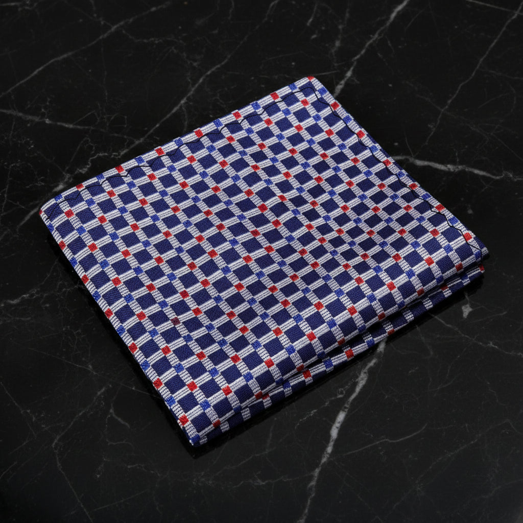 Deep Blue Grey Red Small Check Endurance Pocket Square