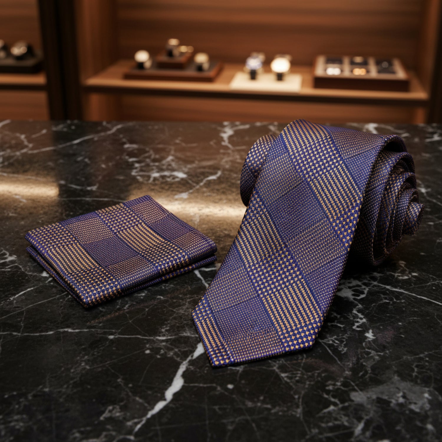 Alt View: Blue and Orange Stanford Geometric Plaid Tie and Pocket Square