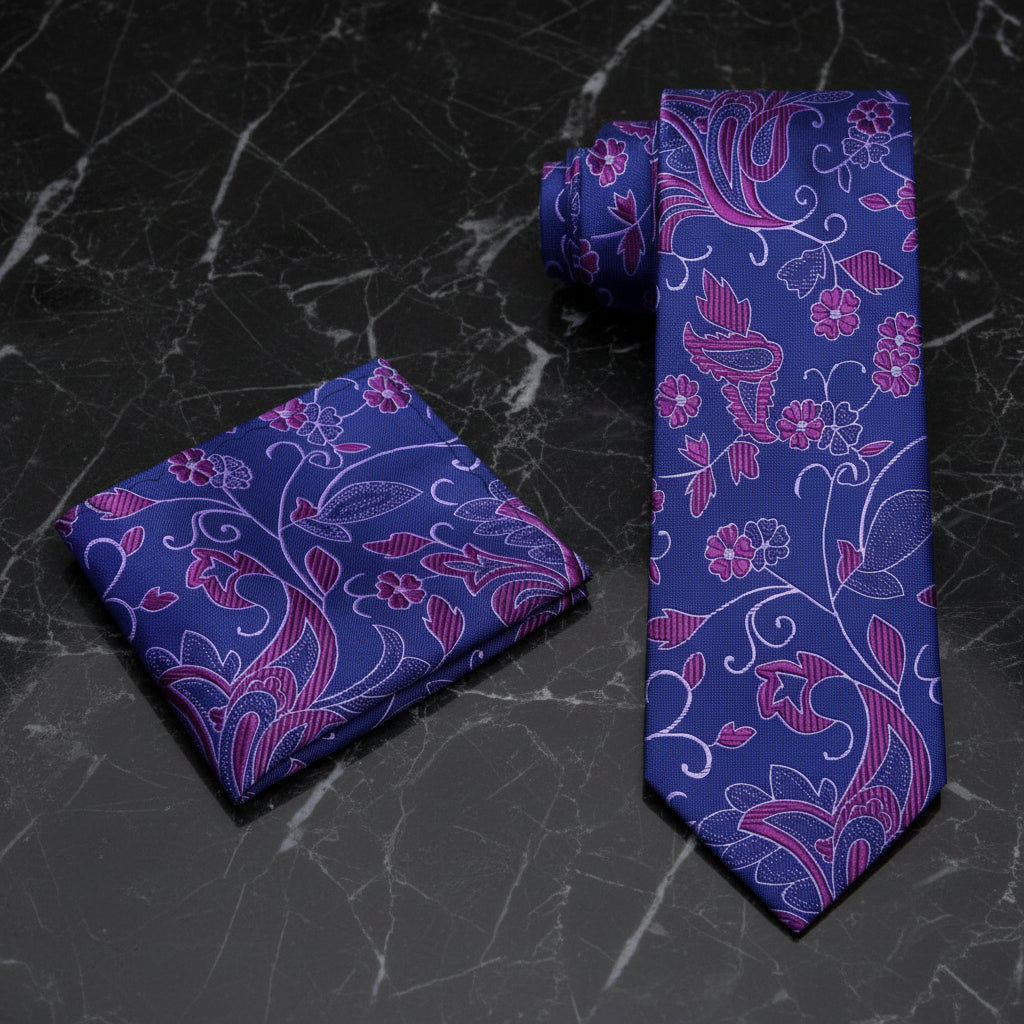 Alt View: A Purple, Royal Floral Pattern Necktie, Matching Pocket Square