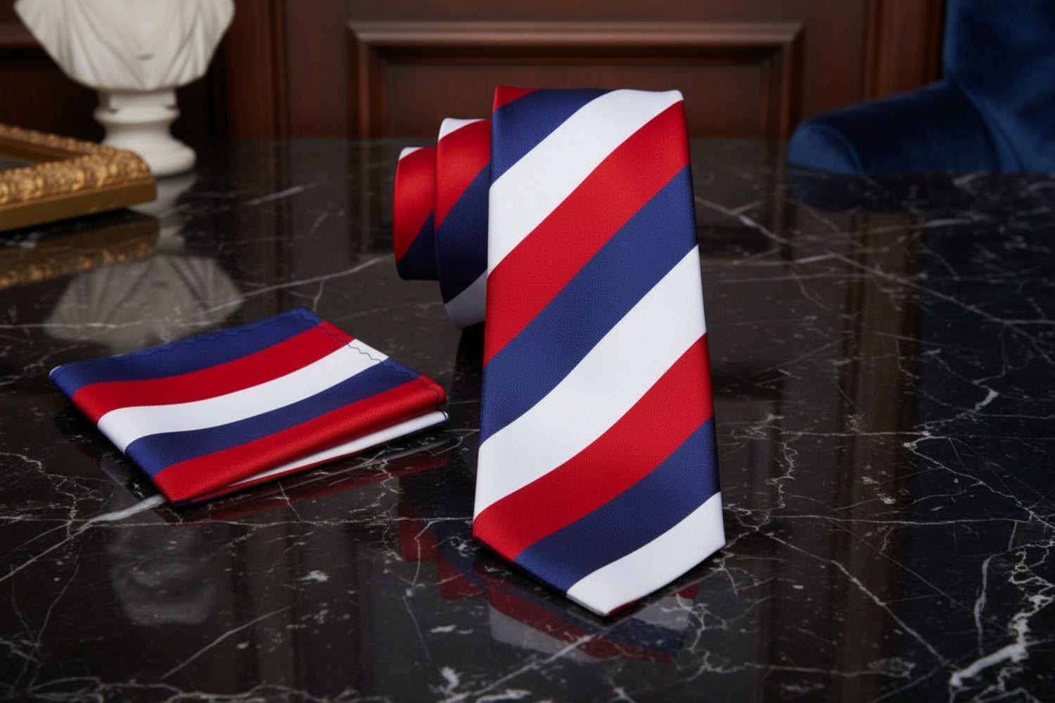 A Dark Blue, Red and White Block Stripe Necktie and Pocket Square