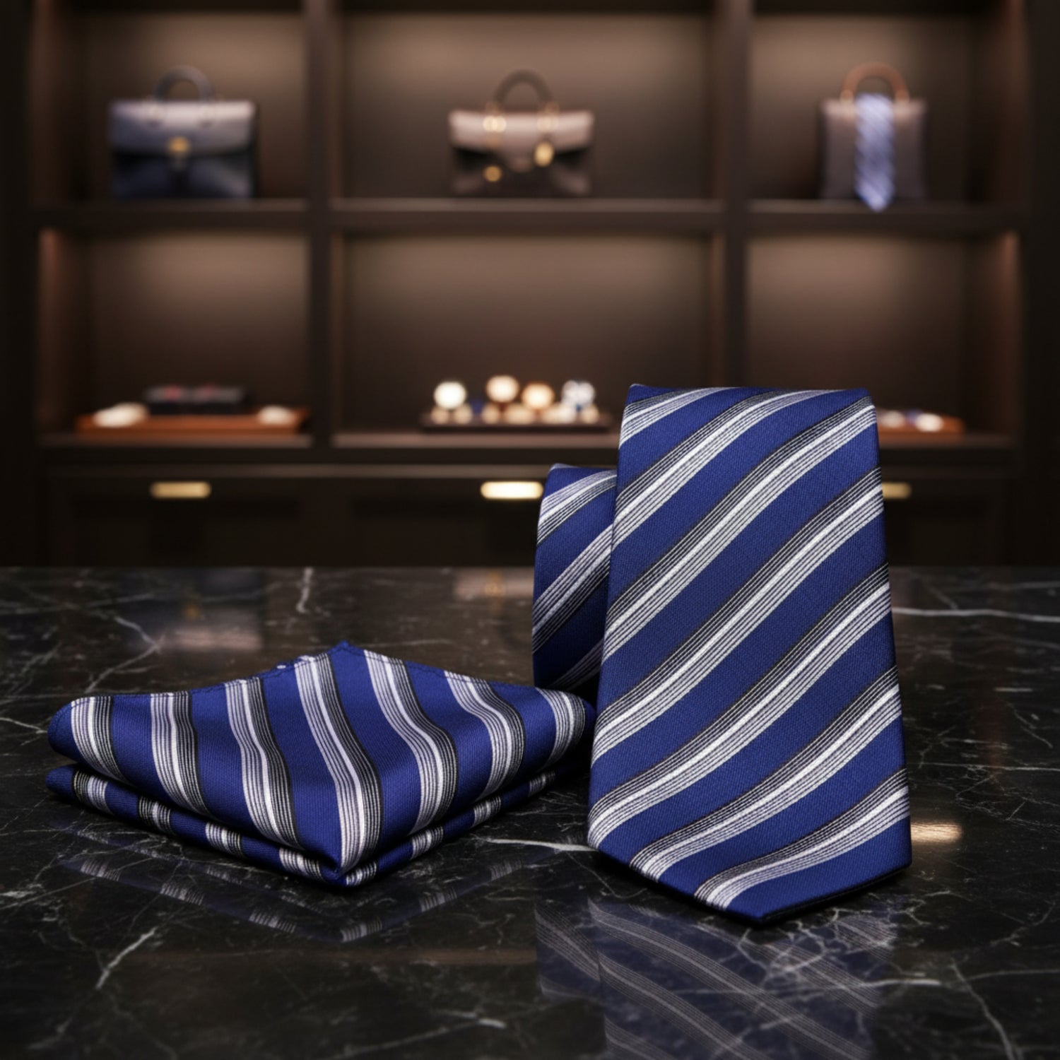 View 2 Blue, Grey Stripe Tie and Pocket Square