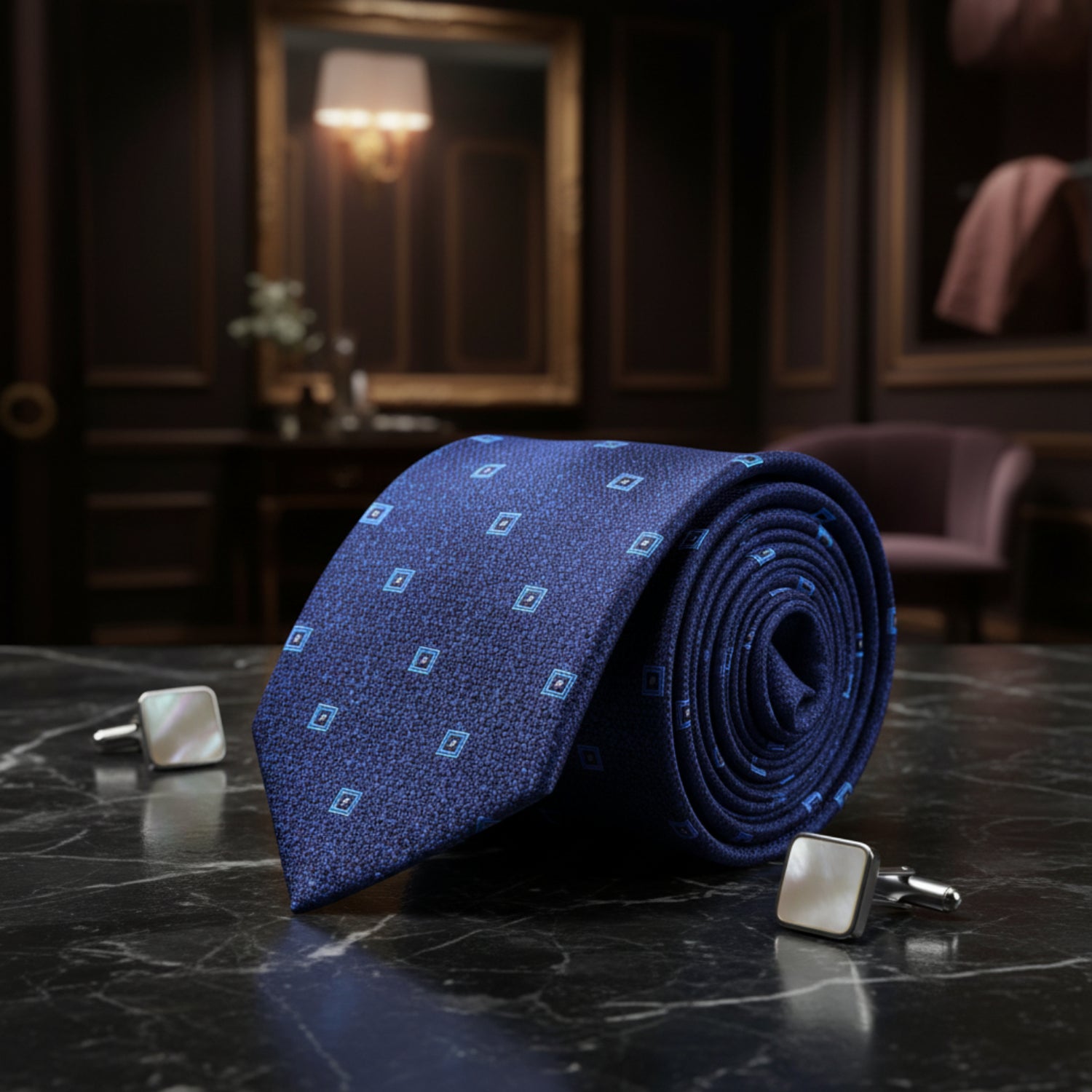 Single Tie: Dark Blue, Light Blue Small Geometric Tie  