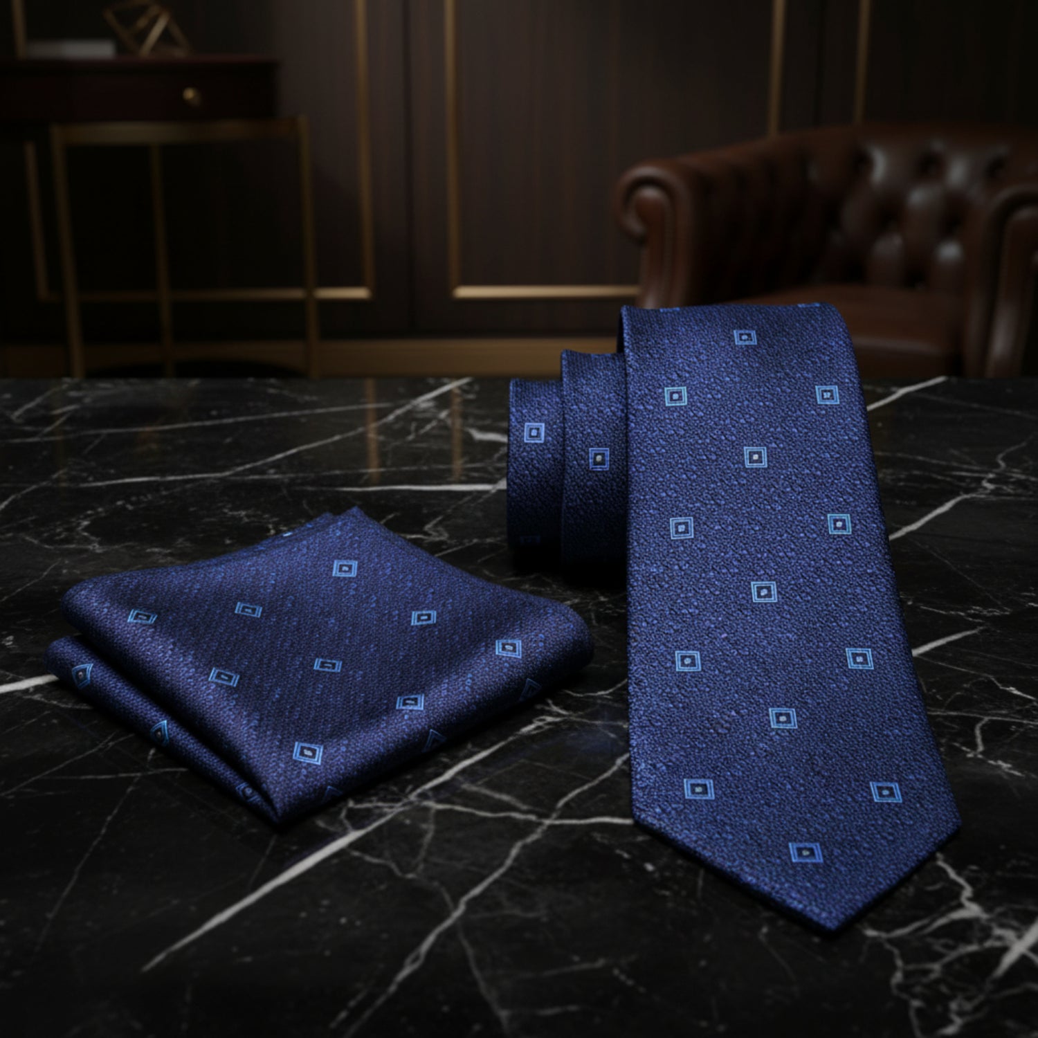 Alt View: Dark Blue, Light Blue Small Geometric Tie and Pocket Square