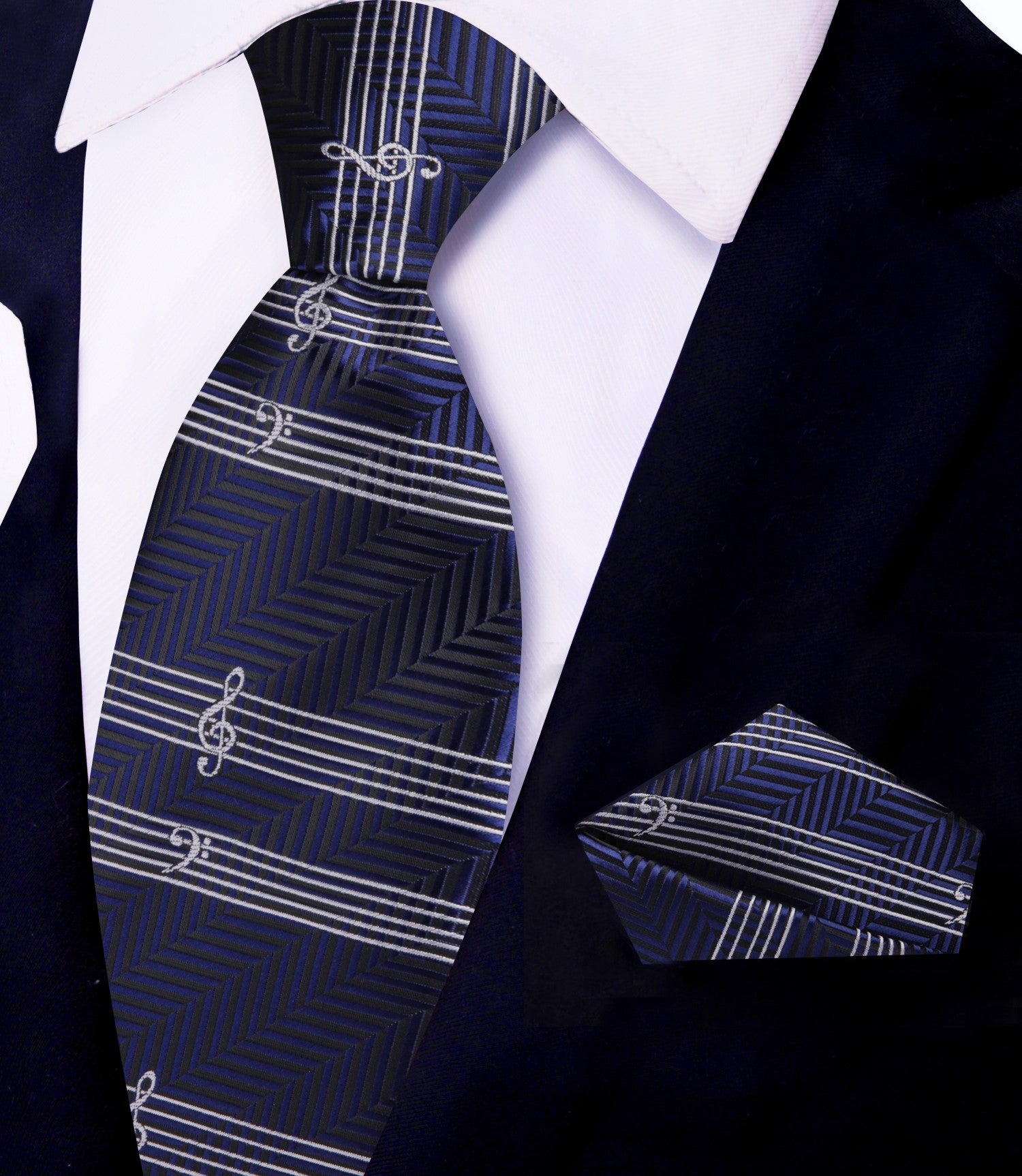 Blue White Music Tie and Pocket Square