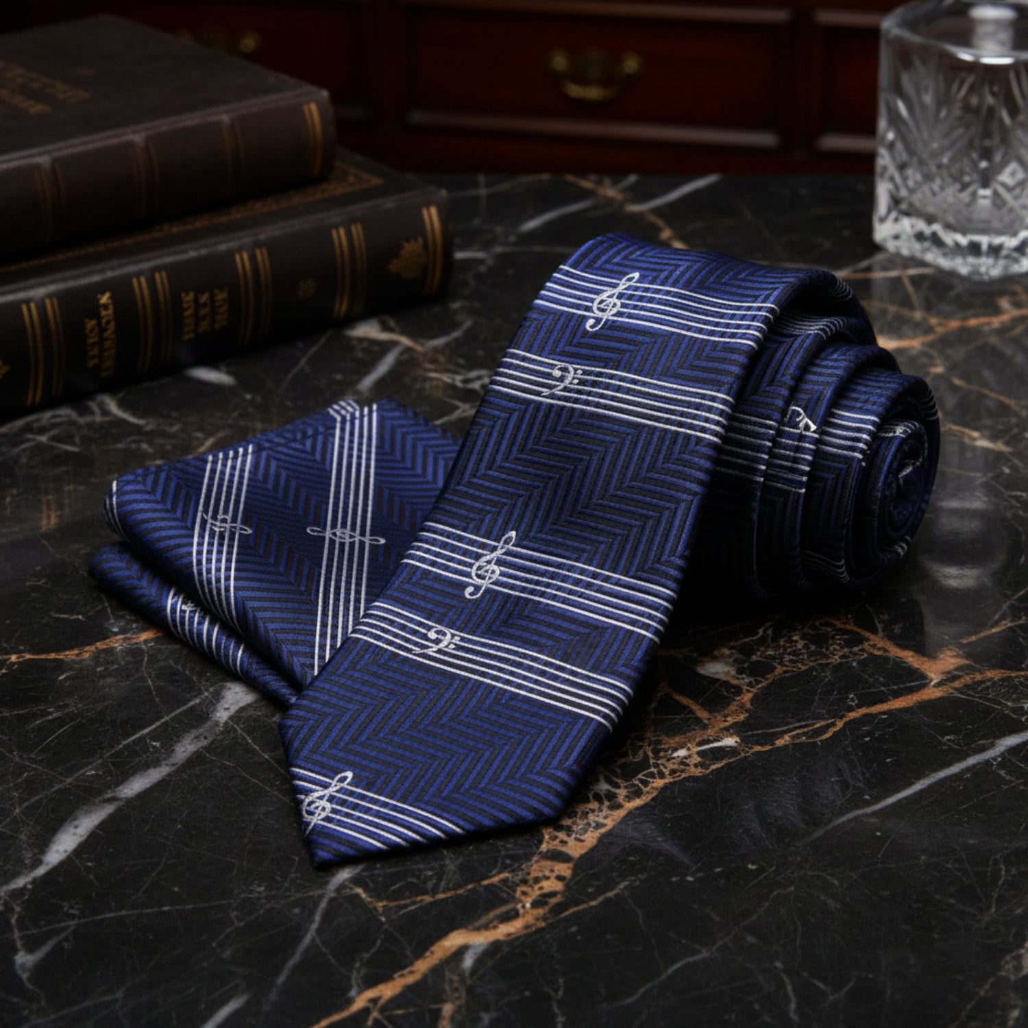 Alt View: Blue White Music Tie and Pocket Square