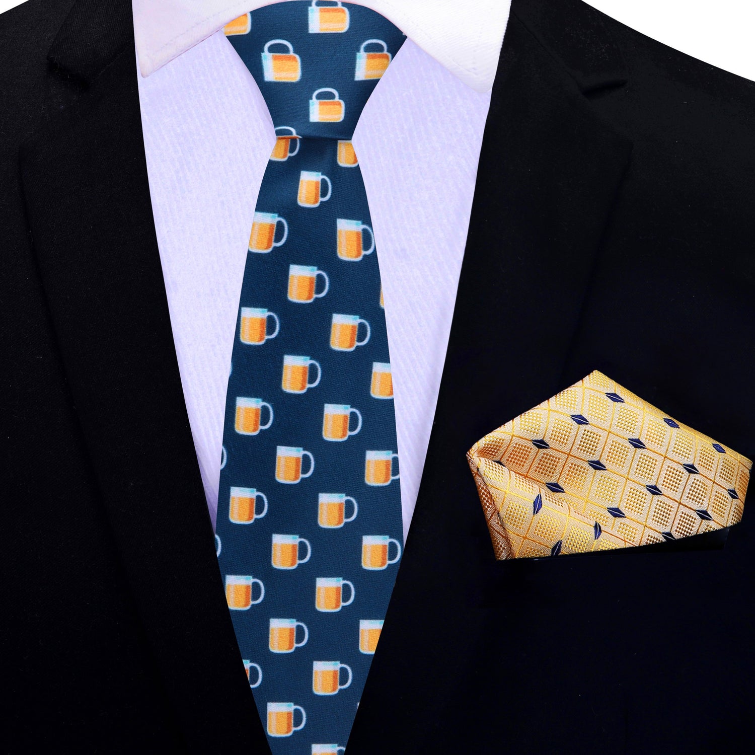 Thin Tie Blue, Yellow Beer Mugs Tie and Yellow, Blue Geometric Pocket Square
