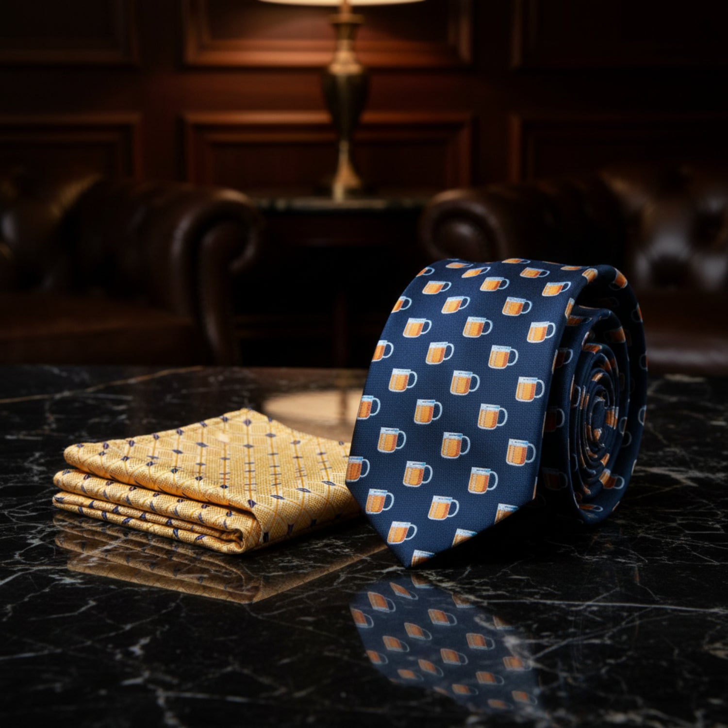 Alt View: Blue, Yellow Beer Mugs Tie and Yellow, Blue Geometric Pocket Square