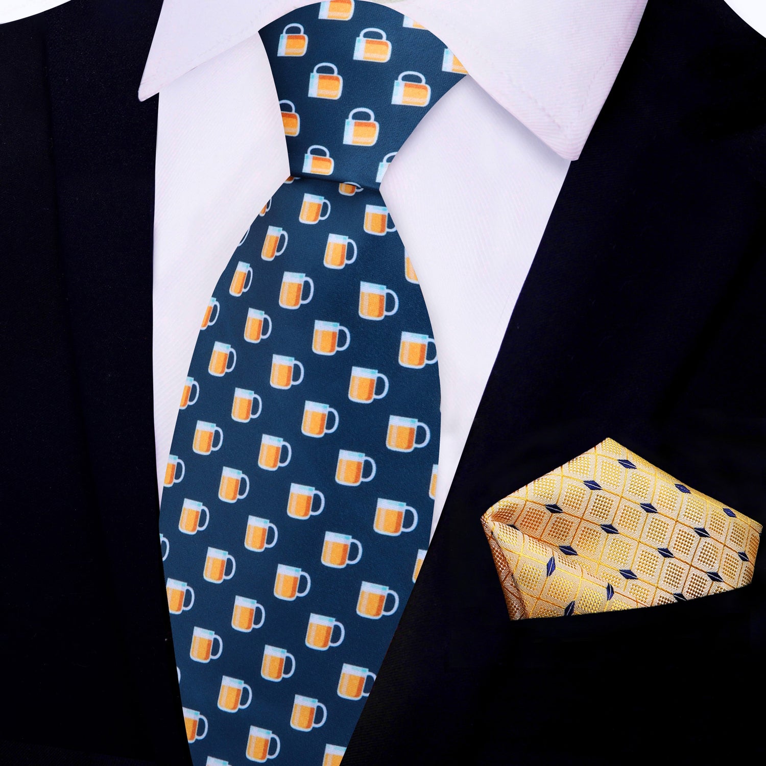 View 2: Blue, Yellow Beer Mugs Tie and Yellow, Blue Geometric Pocket Square