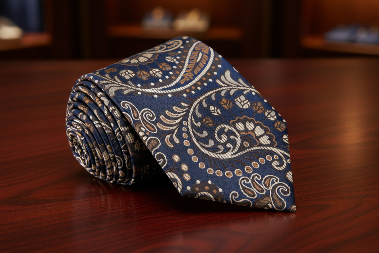 A Dark Blue, Brown Paisley Pattern Necktie 
