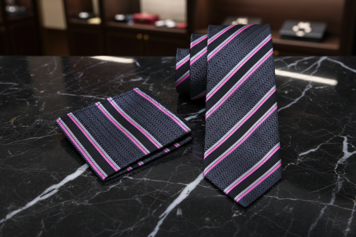 Alt View: A Grey, Dark Charcoal, Pink, White Stripe Pattern Necktie, Pocket Square