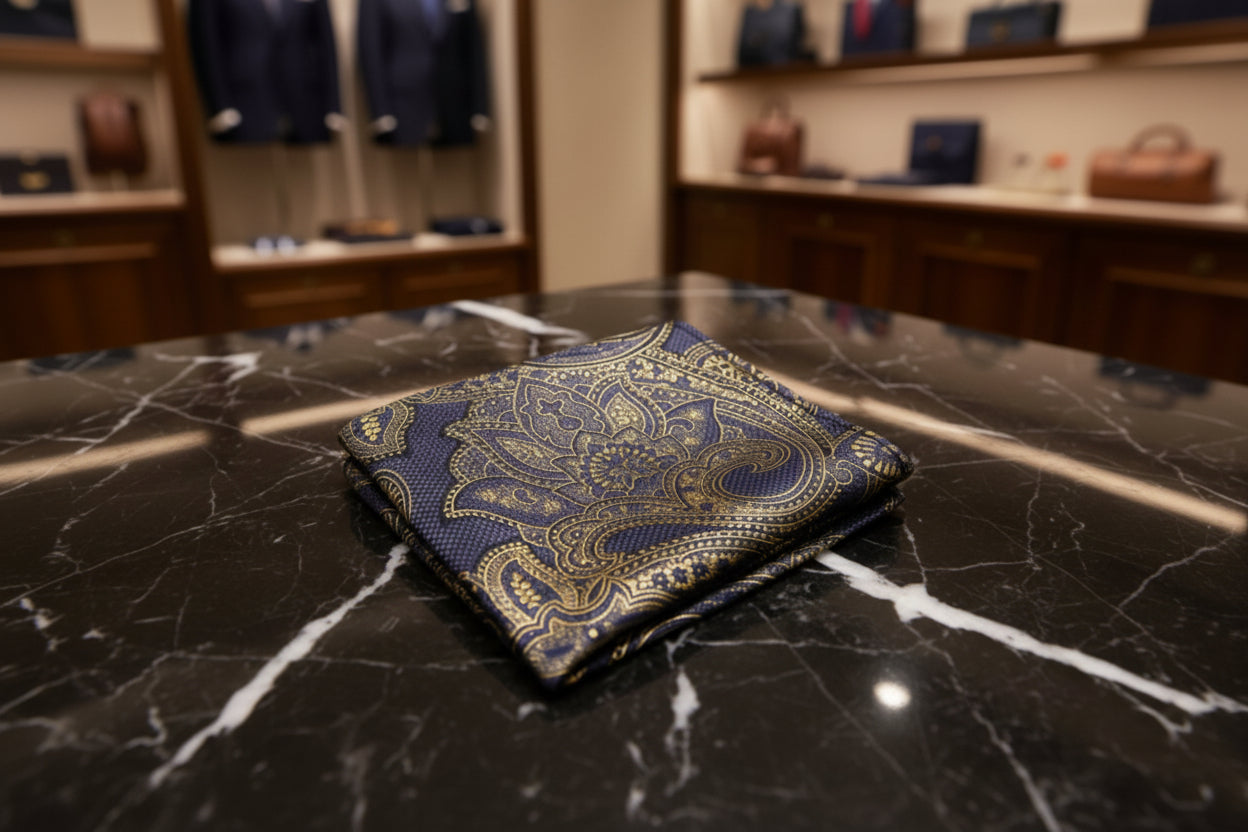 Deep Grey, Gold Paisley Pocket Square