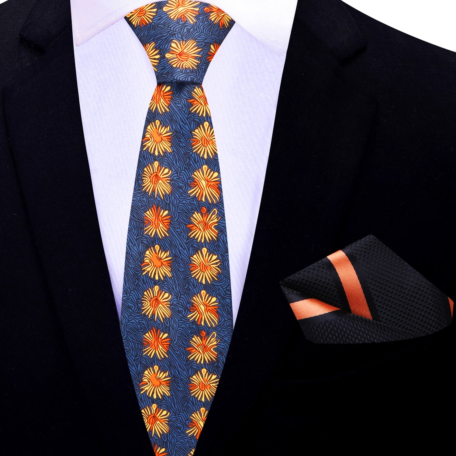 Thin Tie: Dark Grey, Yellow and Orange Burst Tie and Black, Orange Stripe Square