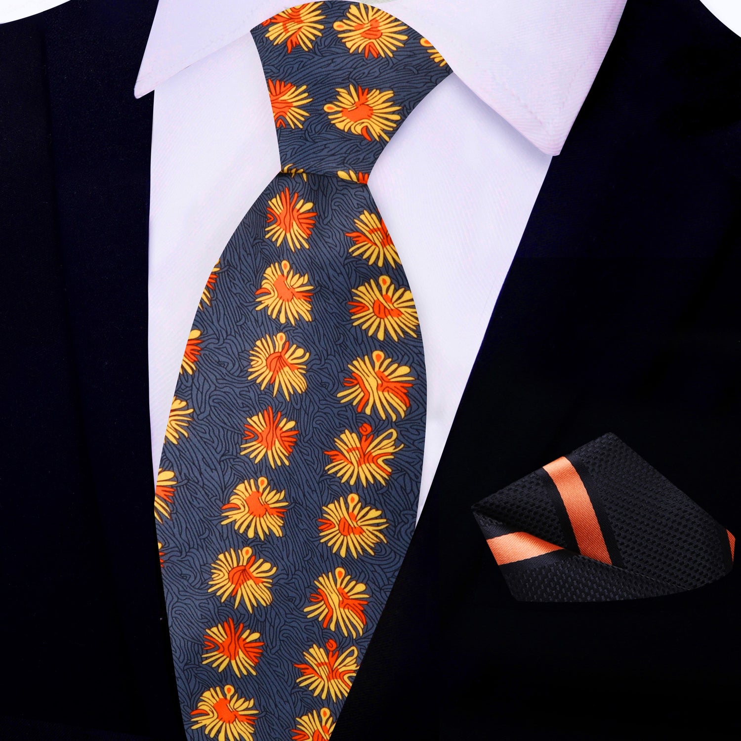 View 2: Dark Grey, Yellow and Orange Burst Tie and Black, Orange Stripe Square