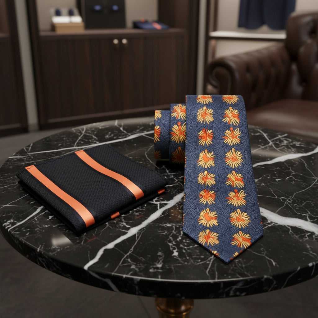 Alt View: Dark Grey, Yellow and Orange Burst Tie and Black, Orange Stripe Square