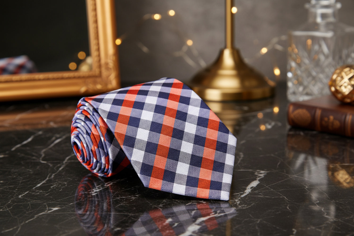 A Orange, Grey, White Small Geometric Checker Pattern Necktie