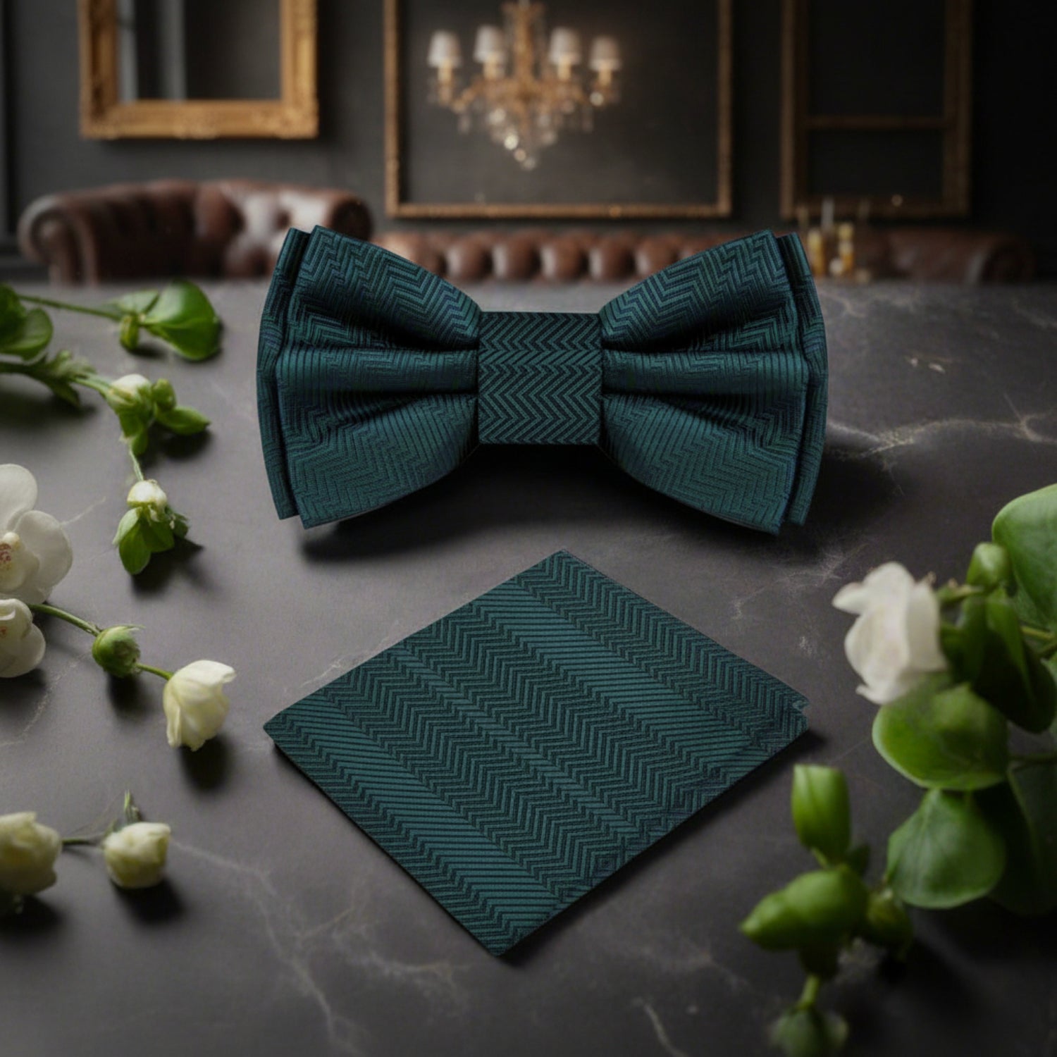 A Solid Deep Pine Green Pattern Silk Self Tie Bow Tie, Matching Pocket Square