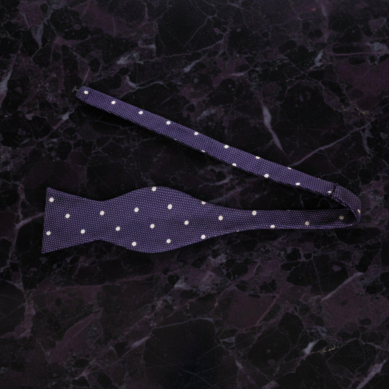 purple, gold polka dot self tie bow tie