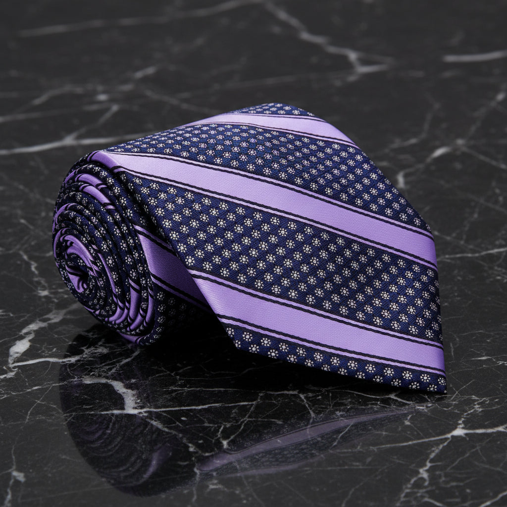 Deep Purple, Purple Yellow Stripe with Flowers Tie  