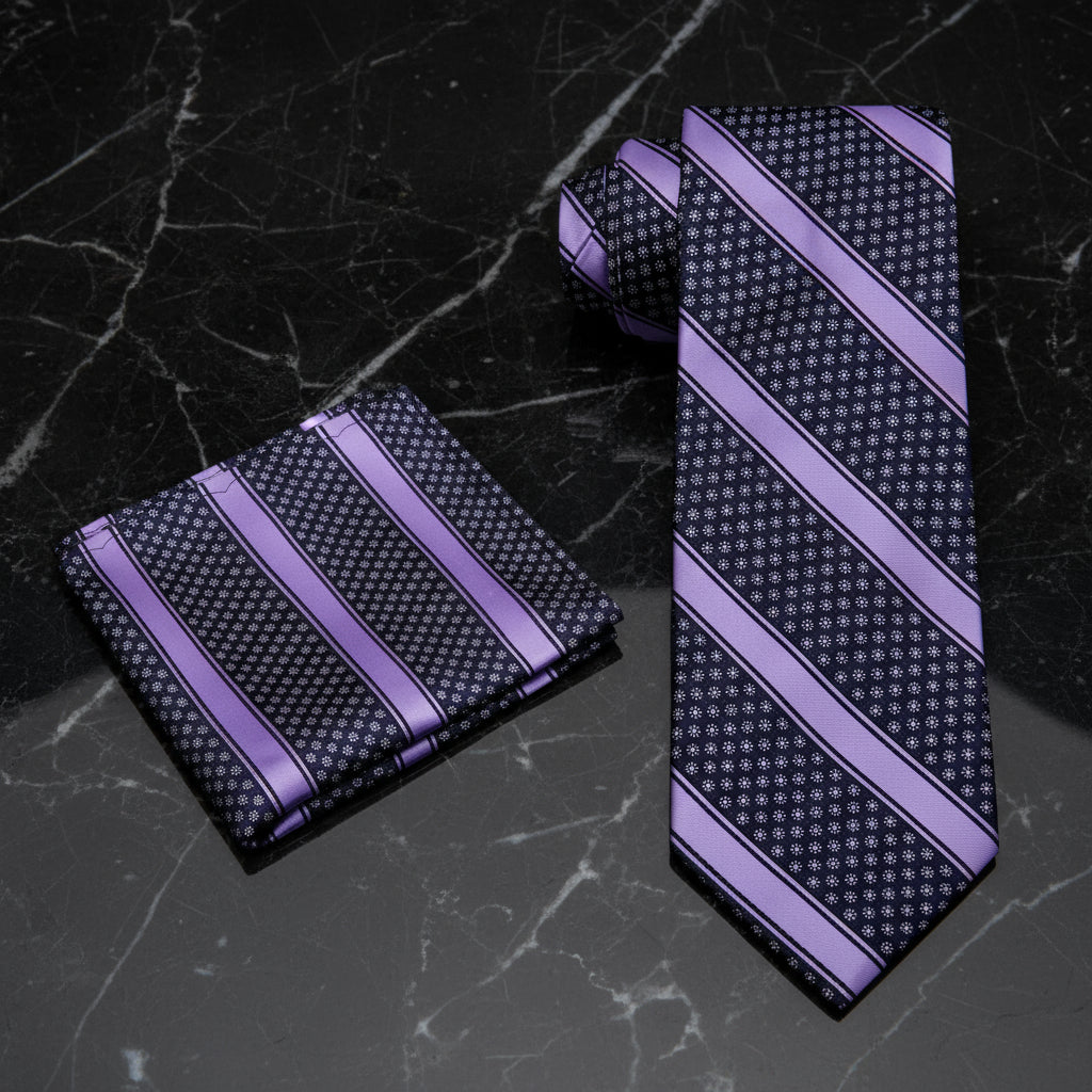 Alt View; Deep Purple, Purple Yellow Stripe with Flowers Tie and Pocket Square
