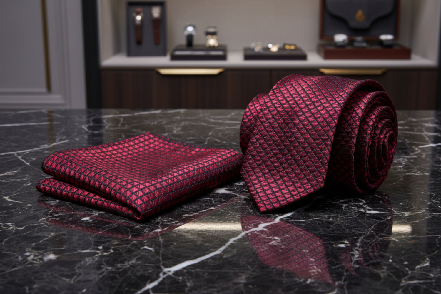 Alt View: A Burgundy, Black Small Check Pattern Necktie, Matching Pocket Square
