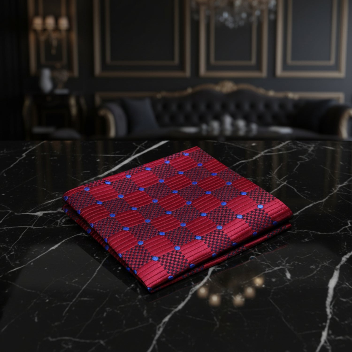A Burgundy, Blue Color Geometric Check with Small Dot Pocket Square
