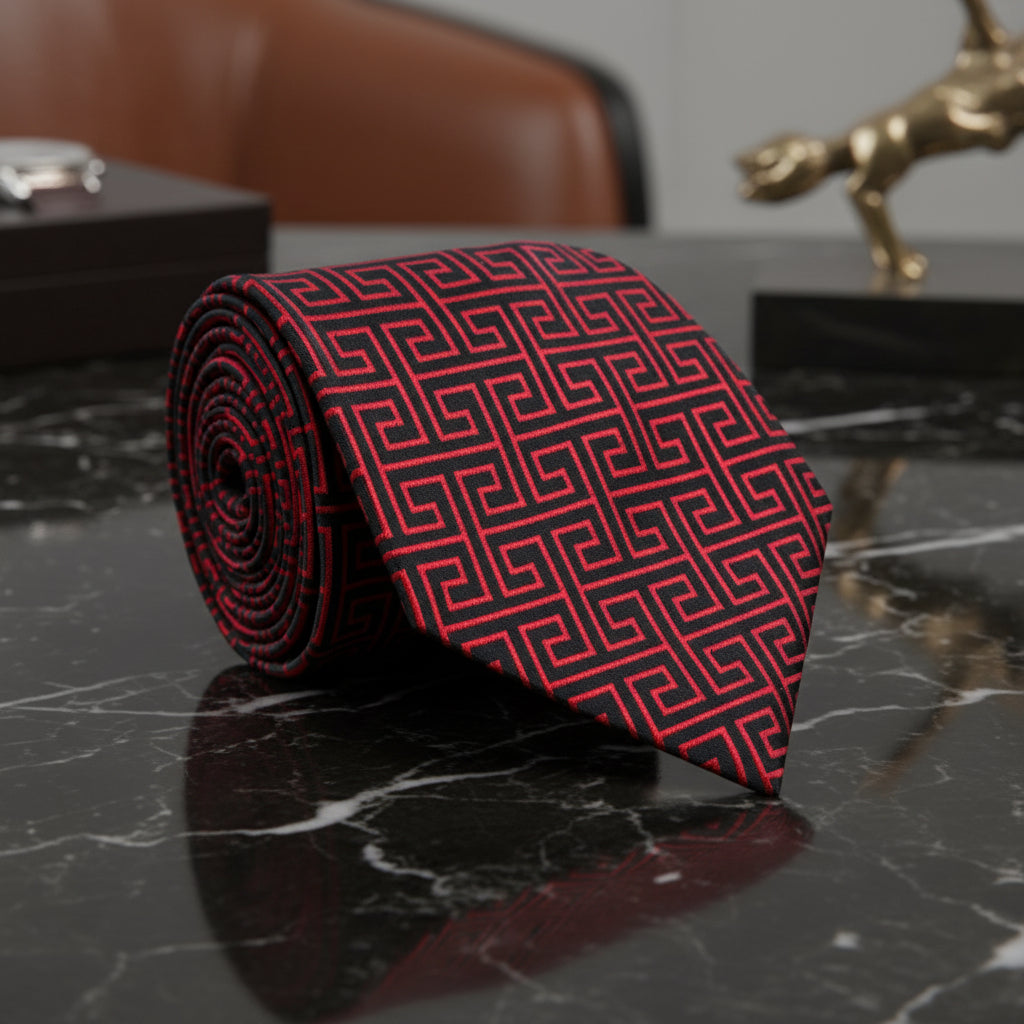 A Deep Red Geometric Pattern Necktie