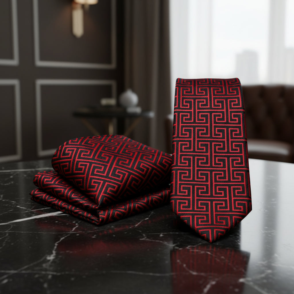 Alt View: A Deep Red Geometric Pattern Necktie, Matching Pocket Square