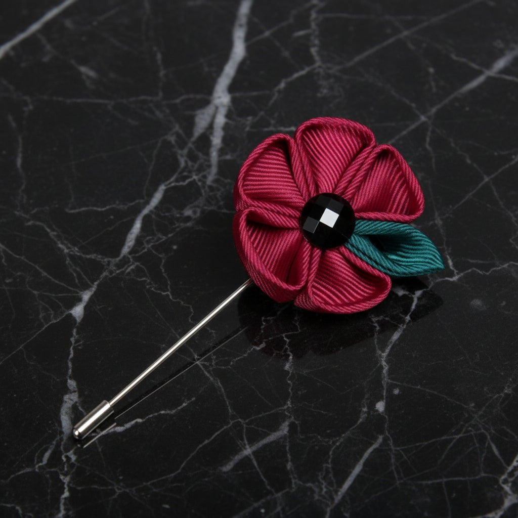 Main View: A Wine, Green Colored Thick Petal Lapel Flower||Wine Red, Deep Green