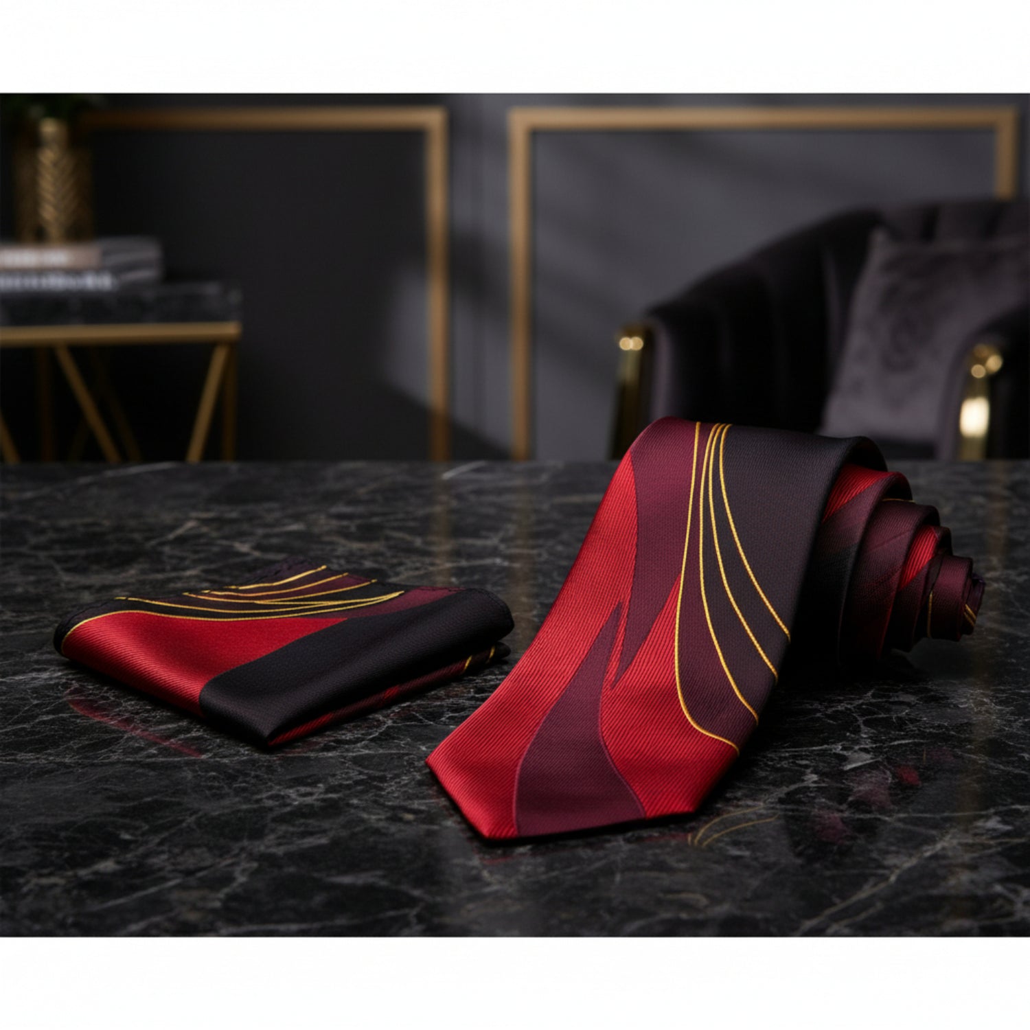 Alt View: Burgundy, Wine, Black, Yellow Tie and Pocket Square