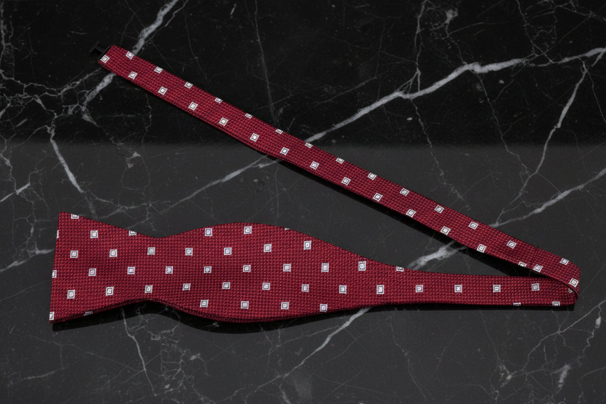 Untied View: A Dark Red, Grey Geometric Diamond Stripe Pattern Self Tie Bow Tie