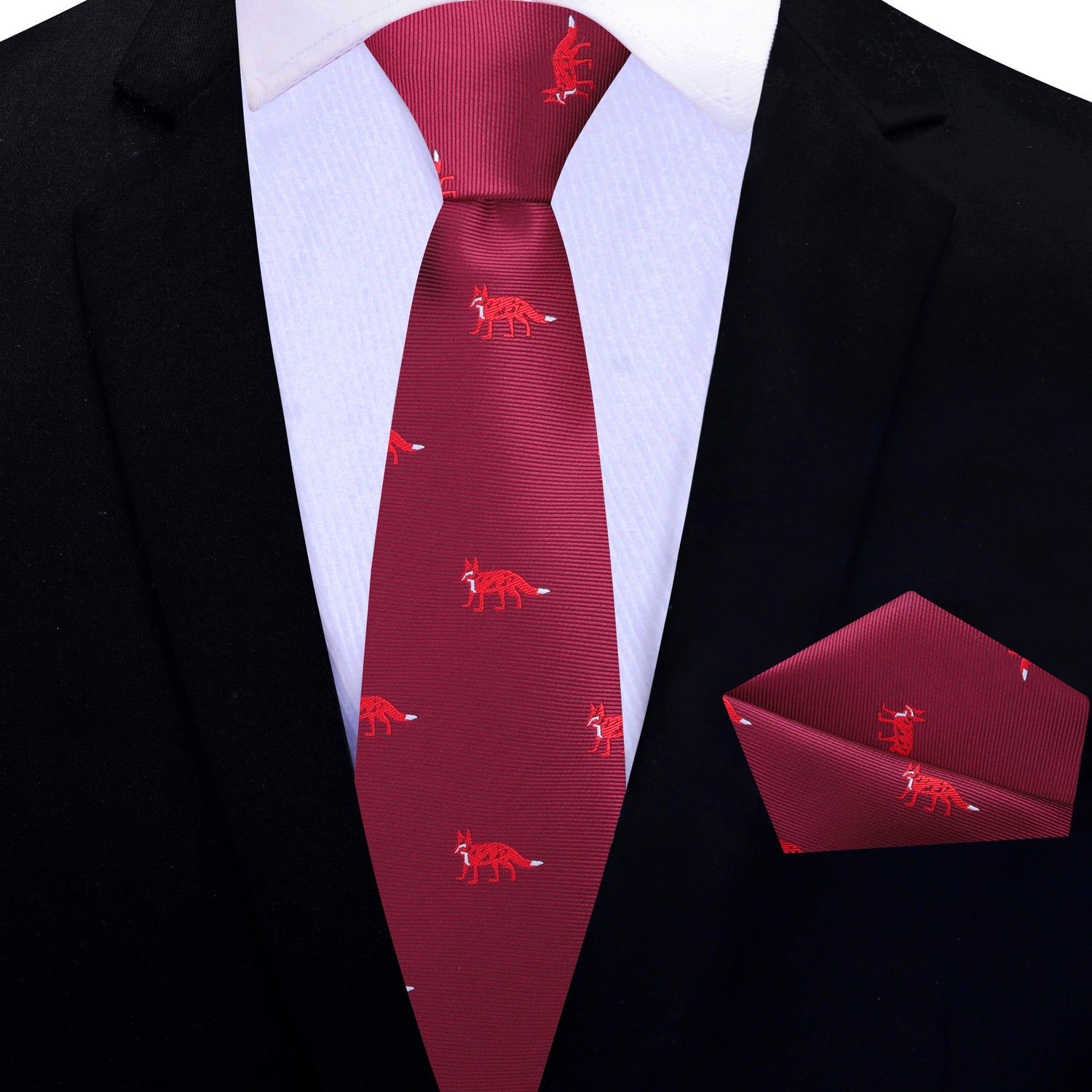 Deep Red, Red Fox Thin Necktie and Pocket Square
