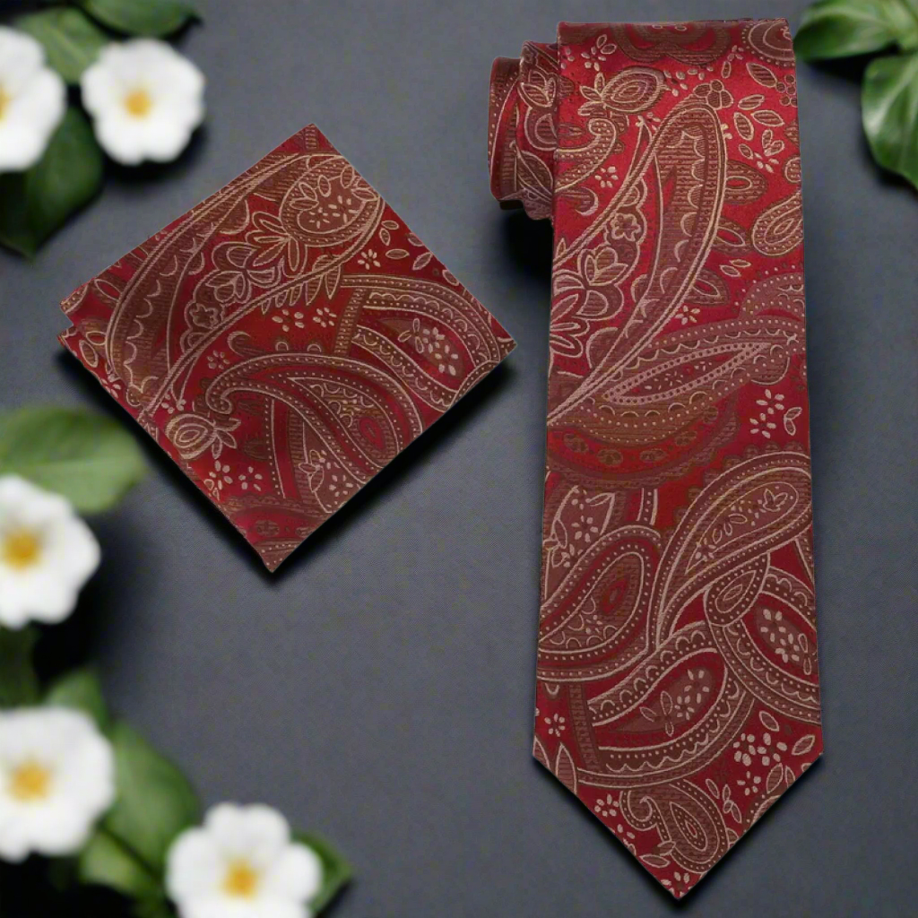 View 2: A Deep Red, Brown Paisley Pattern Necktie, Matching Pocket Square