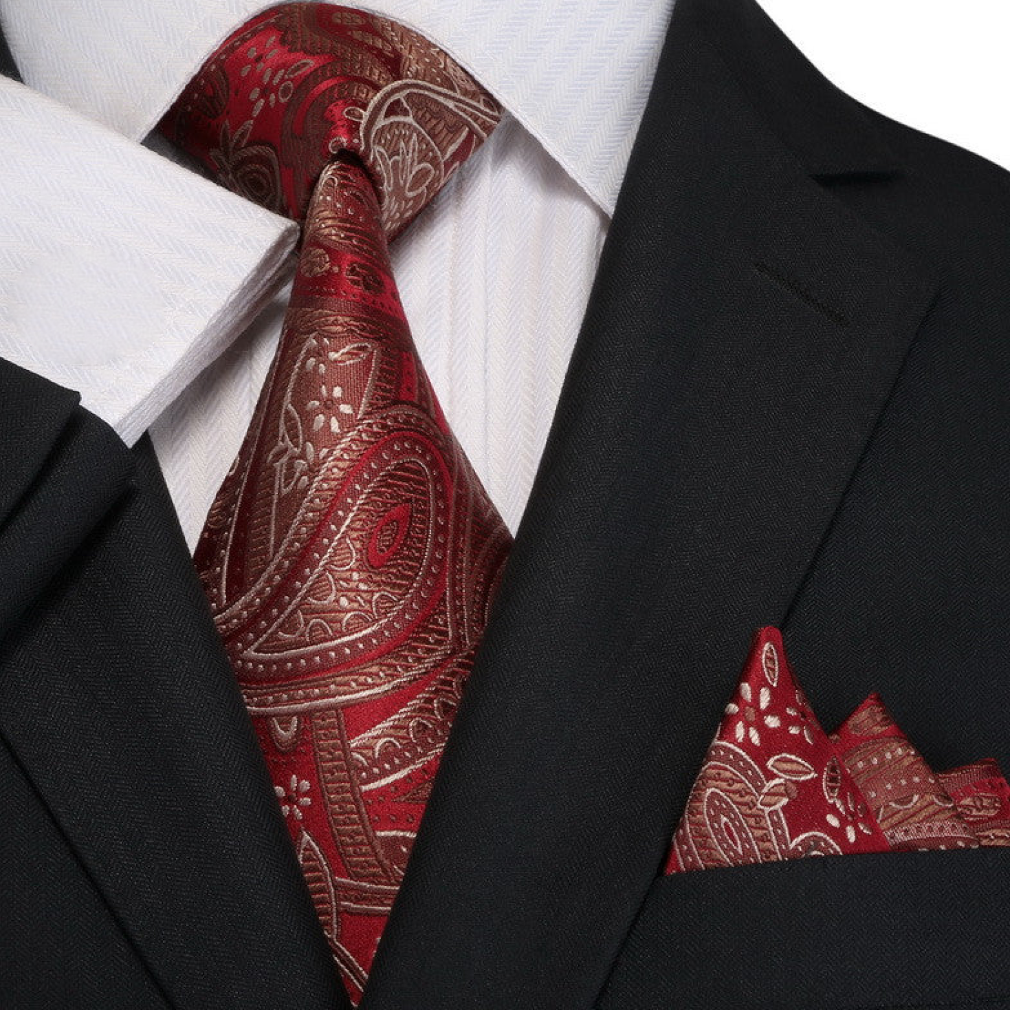 A Deep Red, Brown Paisley Pattern Silk Necktie, Matching Pocket Square