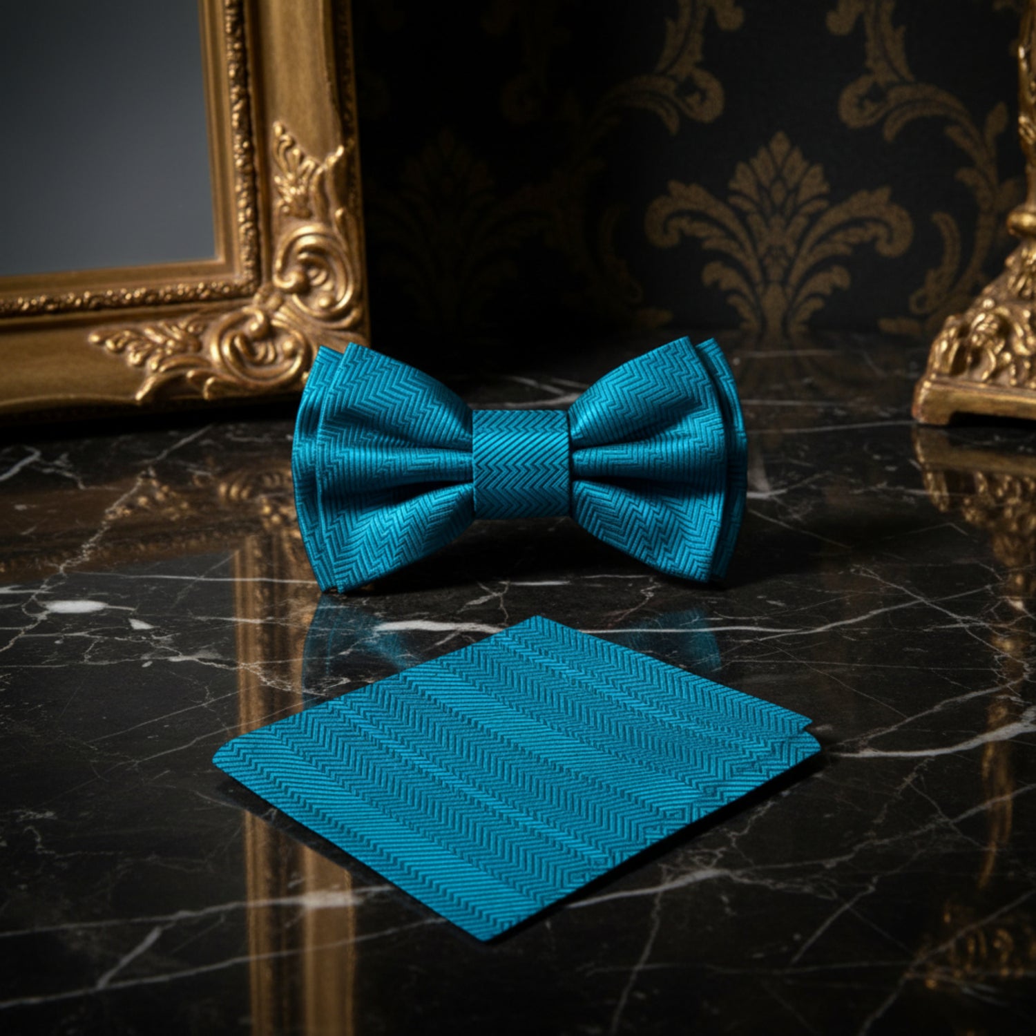 A Deep Teal Green Pattern Self Tie Bow Tie, Matching Pocket Square