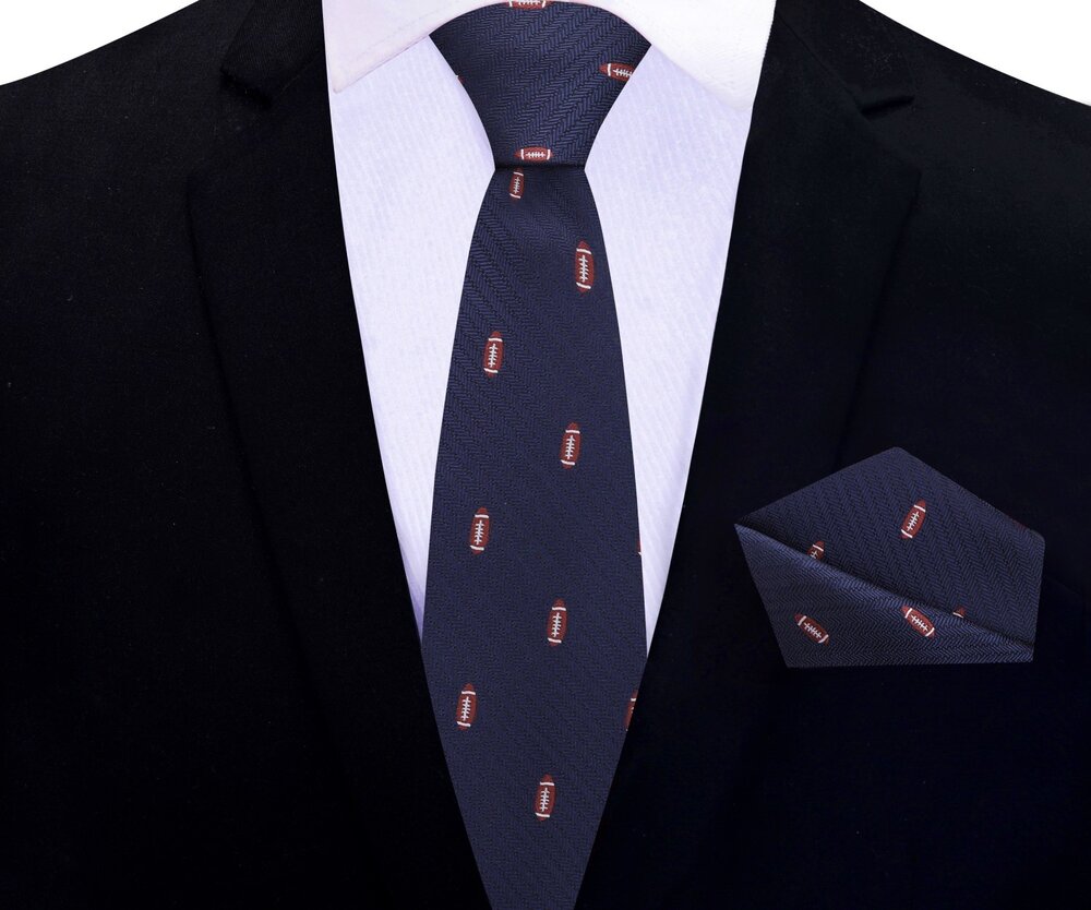 Deep Blue Silk With Footballs Thin Tie and Pocket Square||Blue